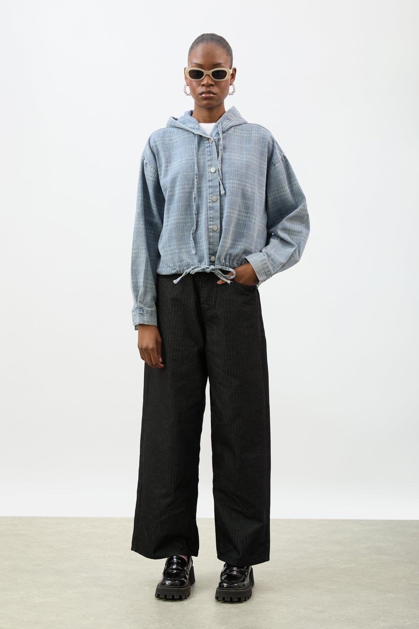 Light blue and ivory checked denim hooded jacket_5