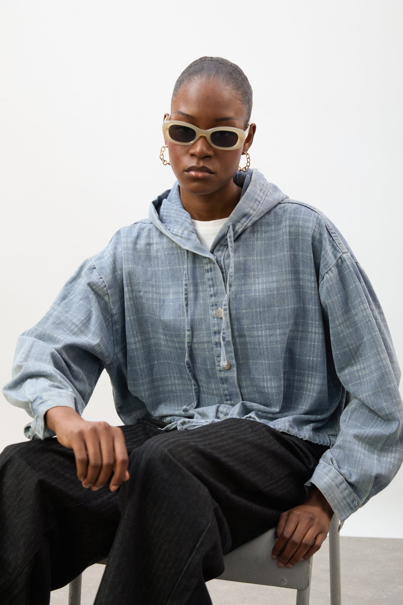 Light blue and ivory checked denim hooded jacket_1