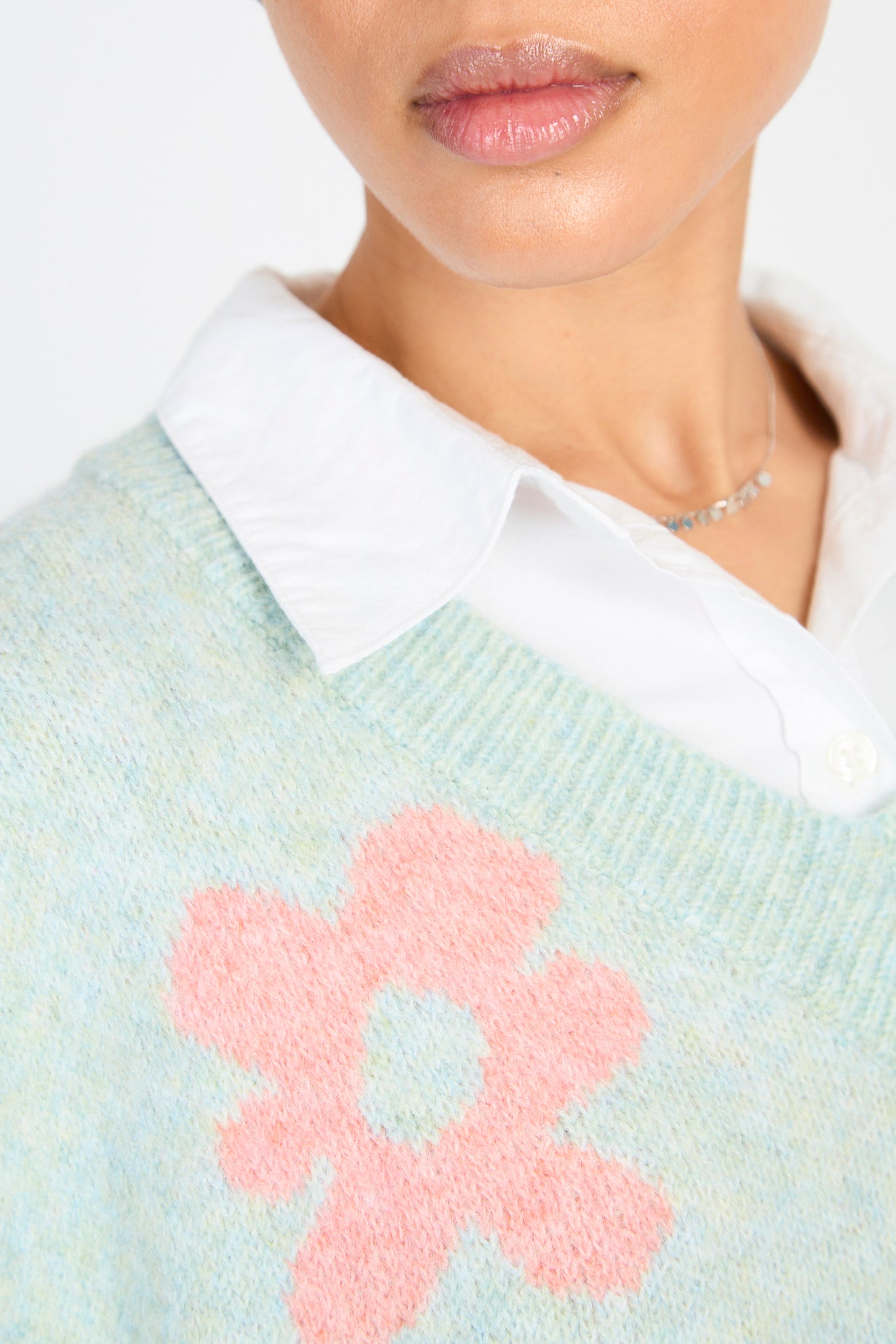 Light blue and pink graphic floral wool alpaca blend sweater vest_3