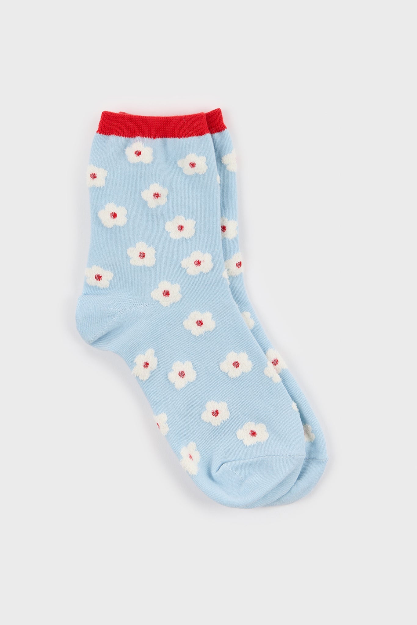 Light blue and white fuzzy flower contrast trim socks_3