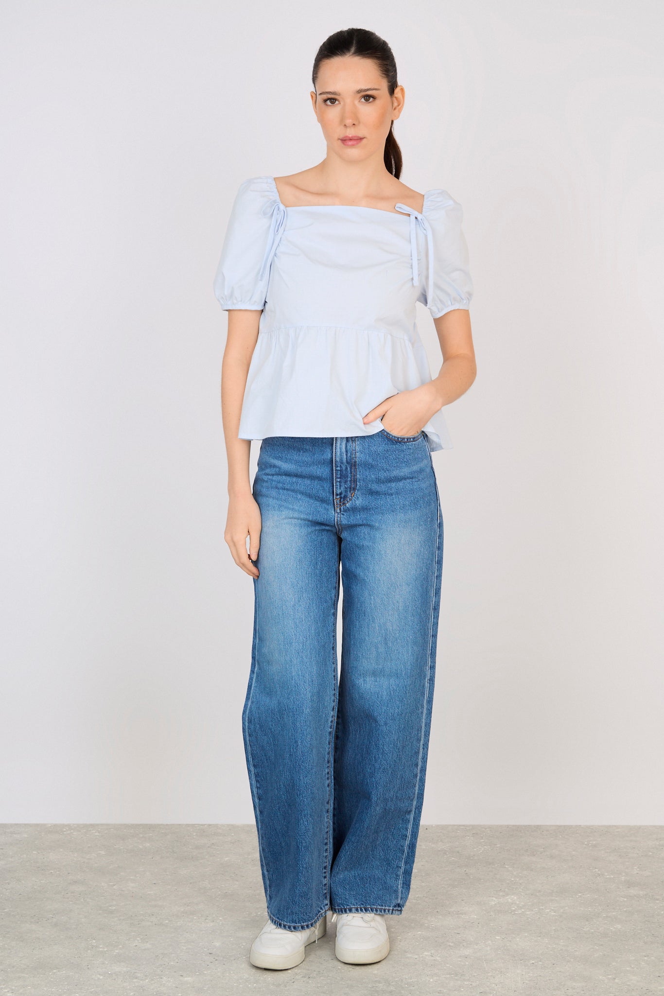 Light blue double bow puff short sleeve top_4