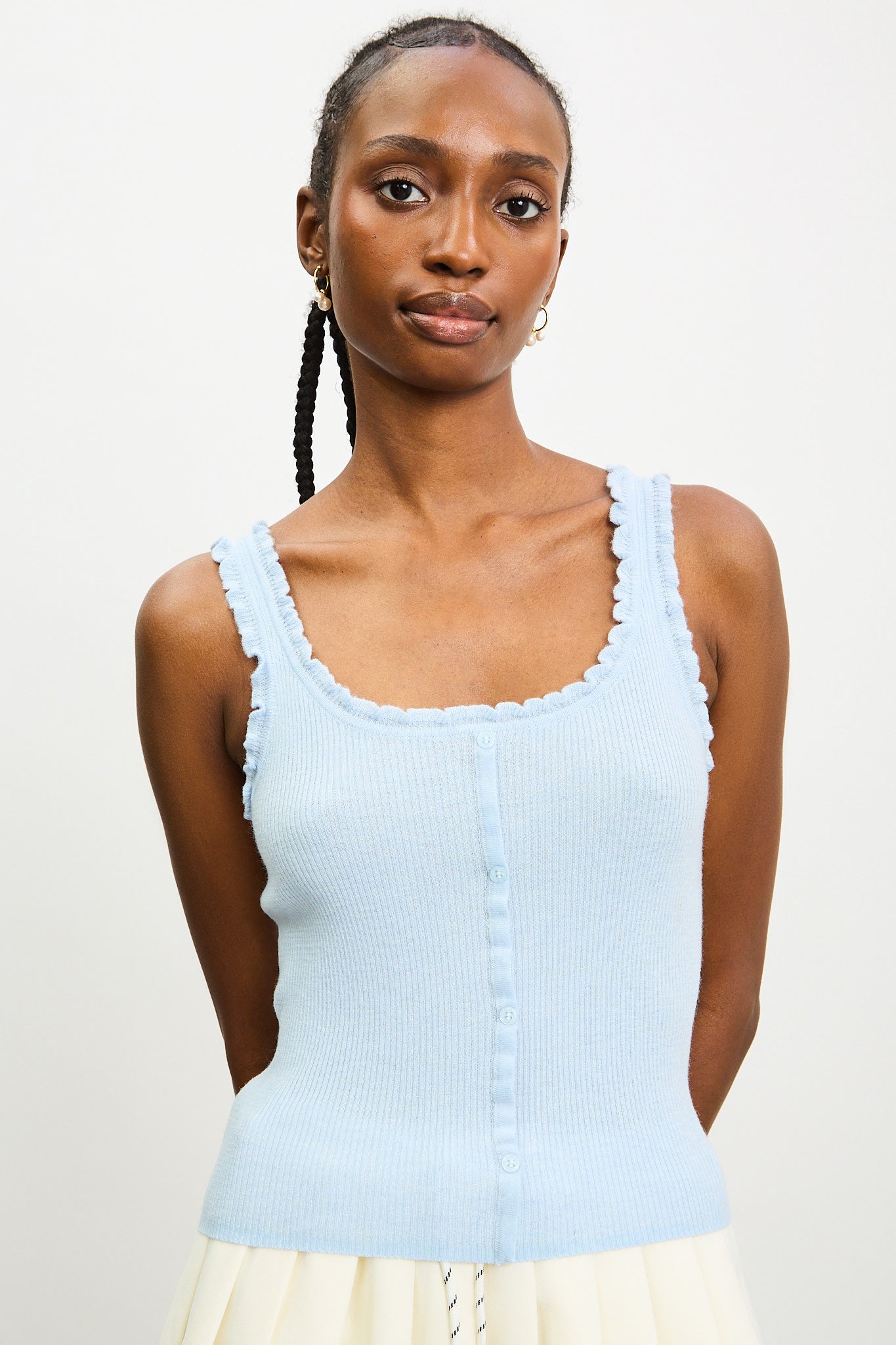 Light blue frill trim button up knit tank_1