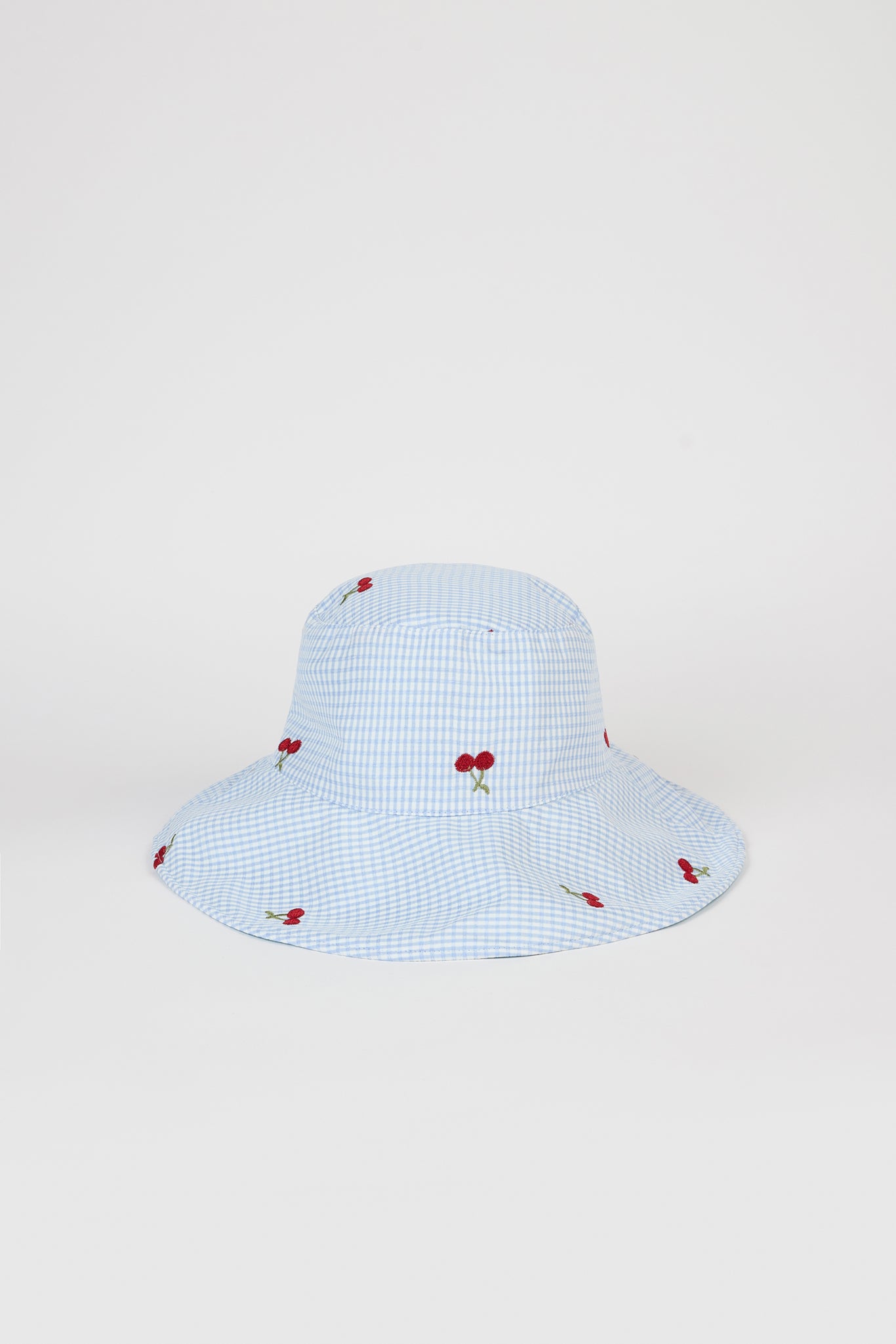 Light blue gingham embroidered cherry reversible sun hat_1