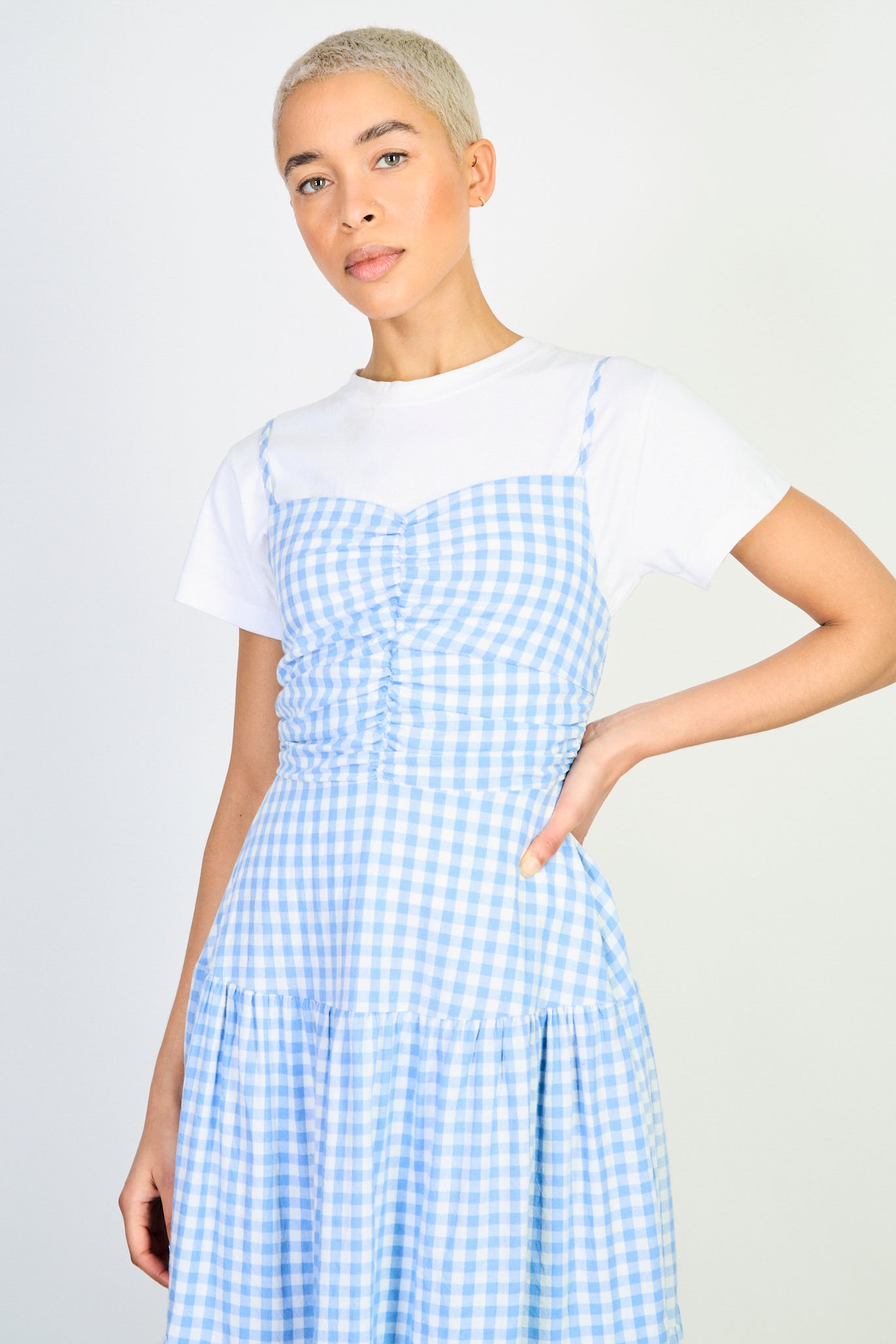 Light blue gingham ruched bodice tiered dress_3