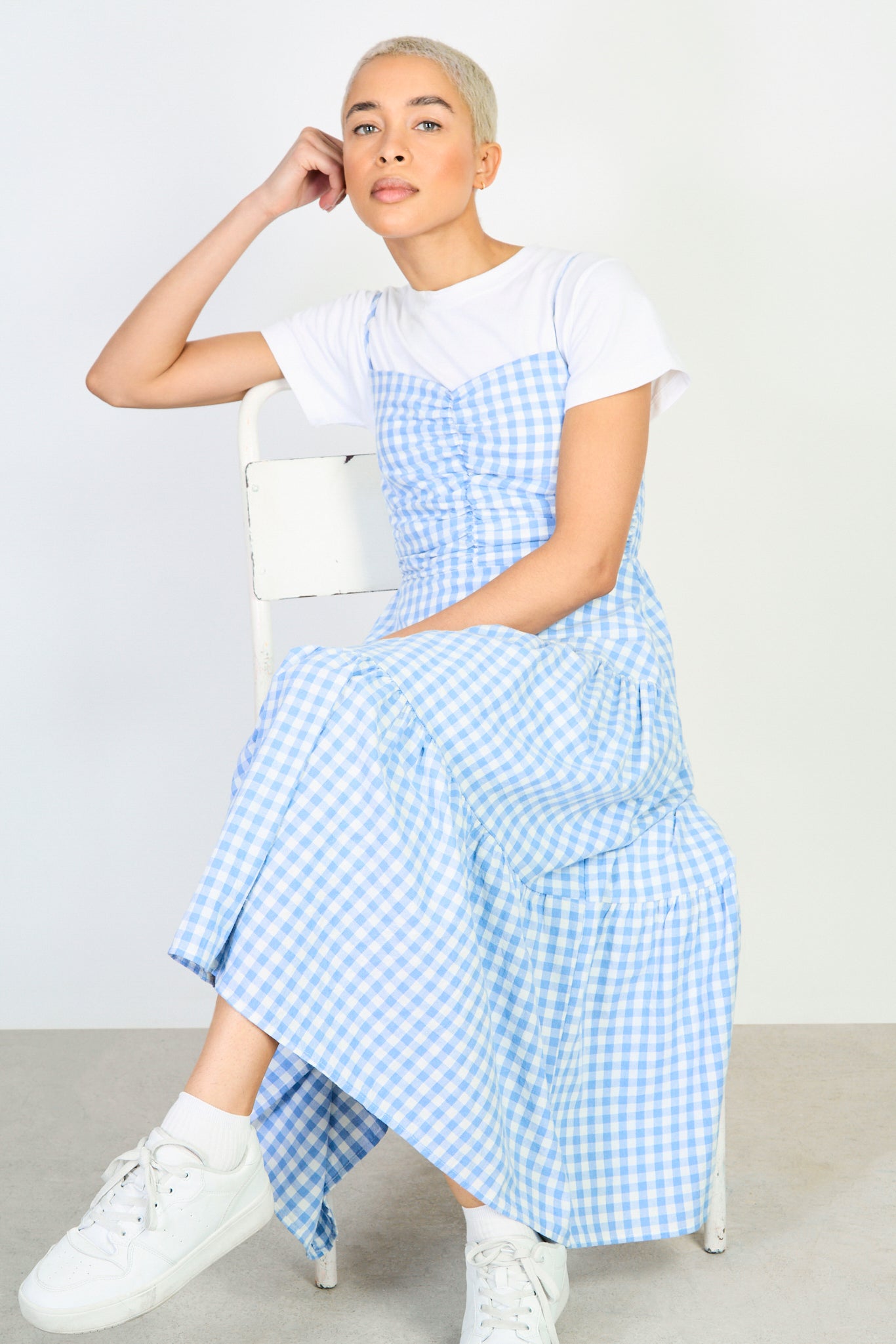 Light blue gingham ruched bodice tiered dress_5