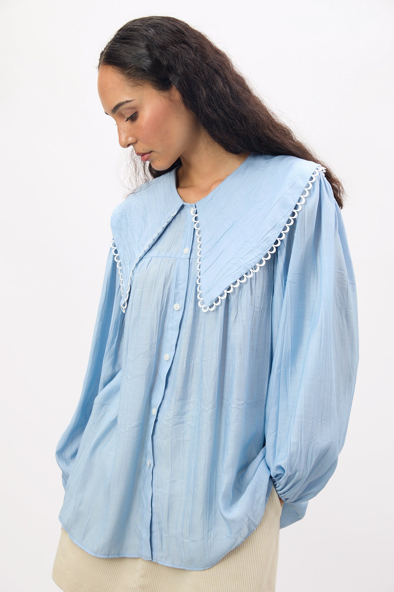 Light blue large eyelet trim collar blouse_5