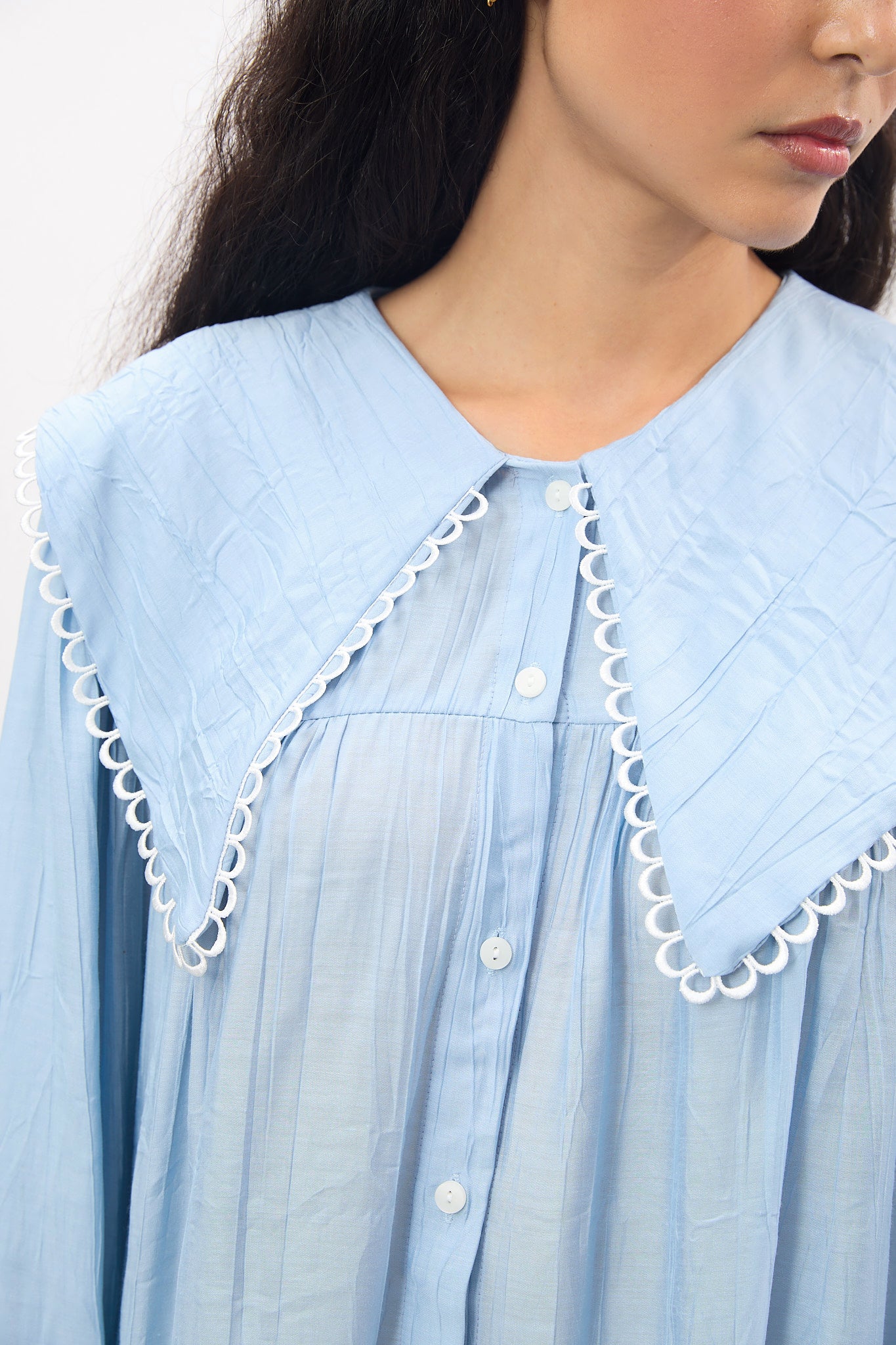Light blue large eyelet trim collar blouse_4