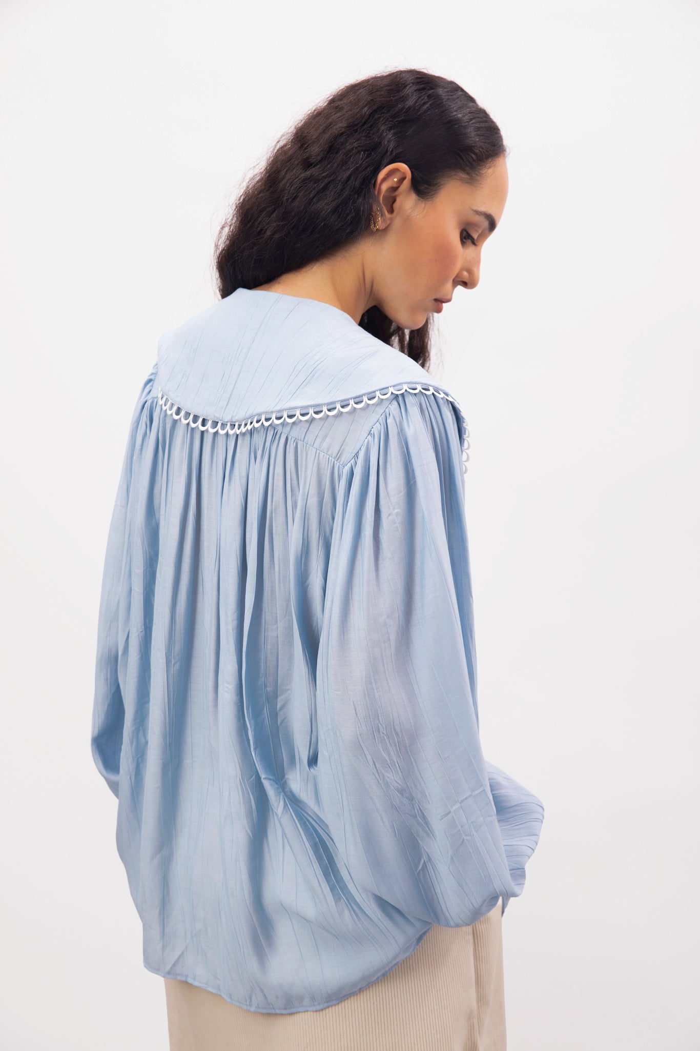 Light blue large eyelet trim collar blouse_2
