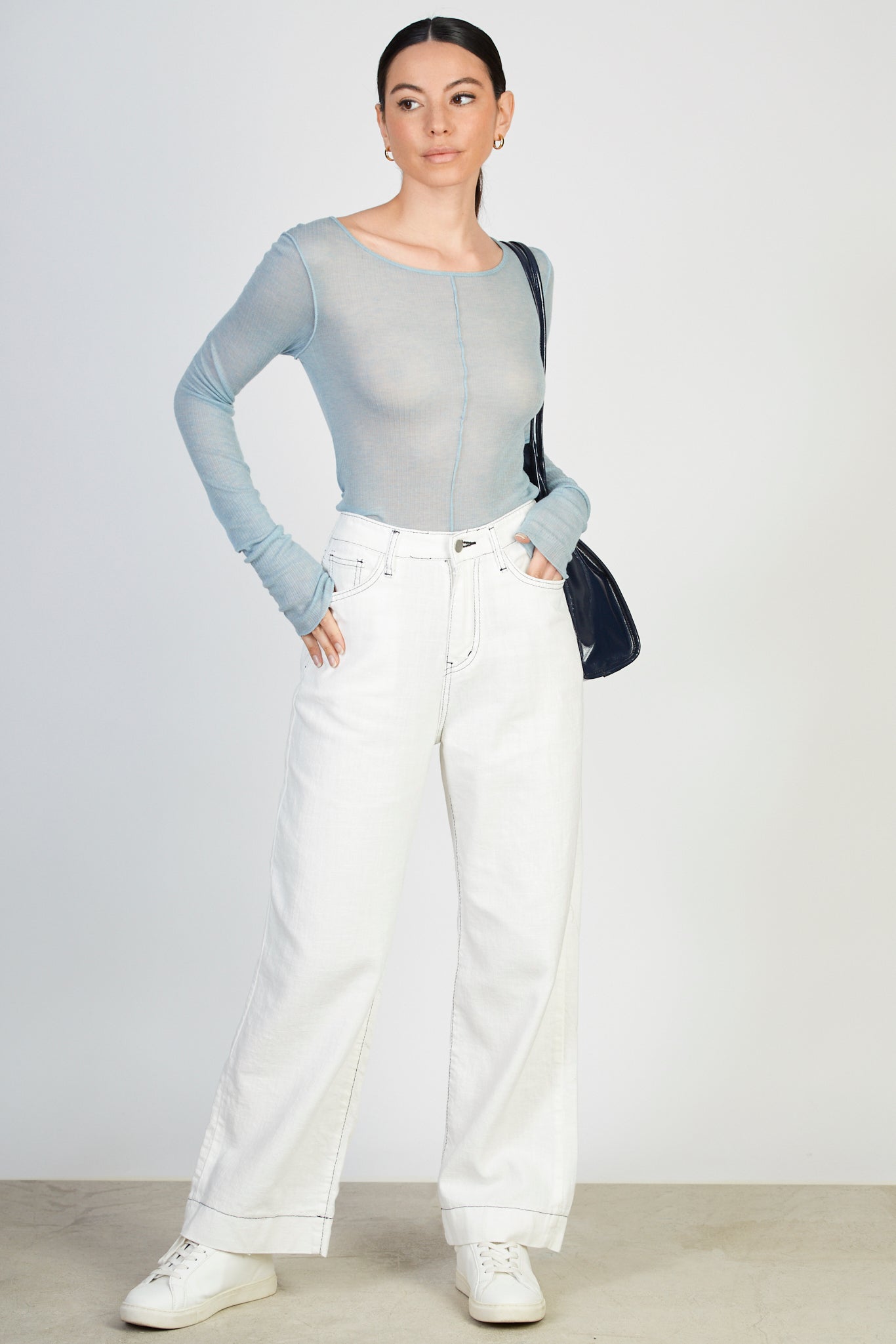 Light blue ribbed semi sheer long sleeved top_4