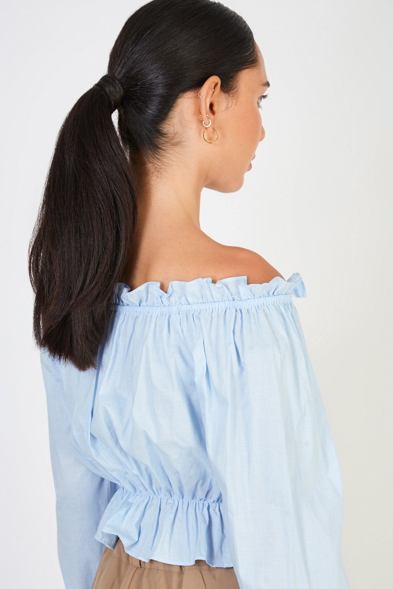 Light blue ruched neck button front blouse_2
