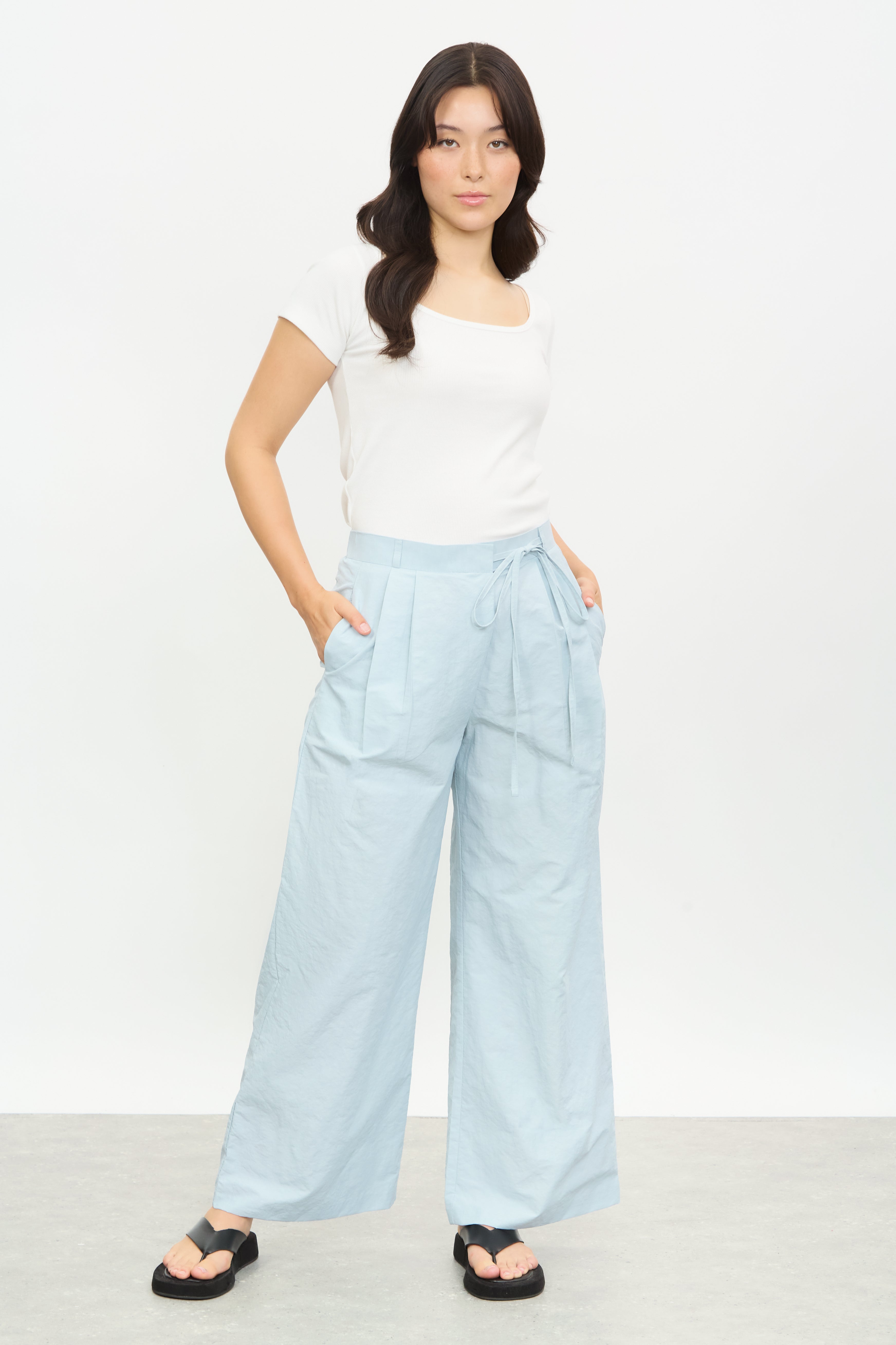 Light blue tie waist wrap trousers_4