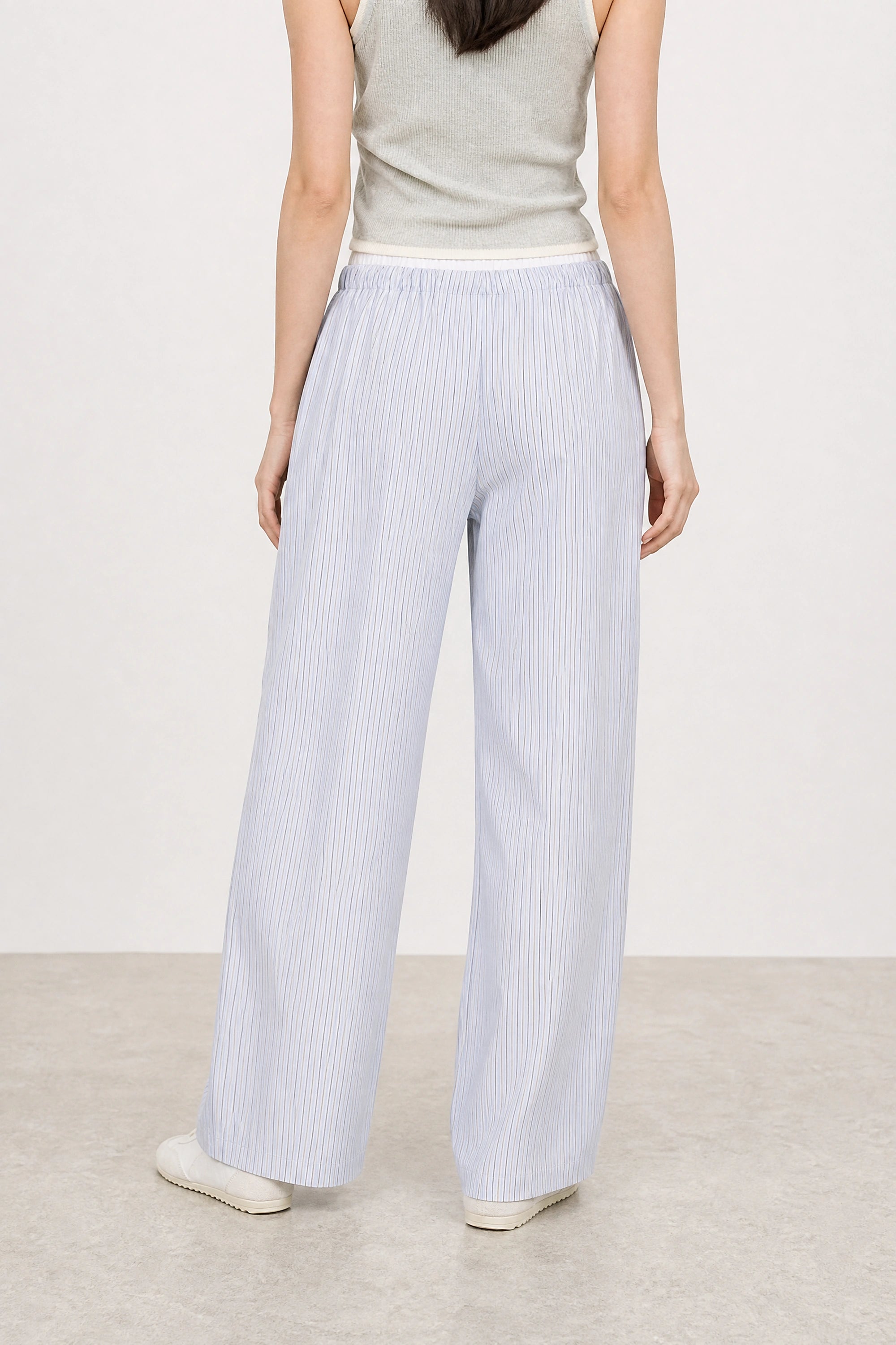 Light blue vertical stripe contrast waist trousers_2