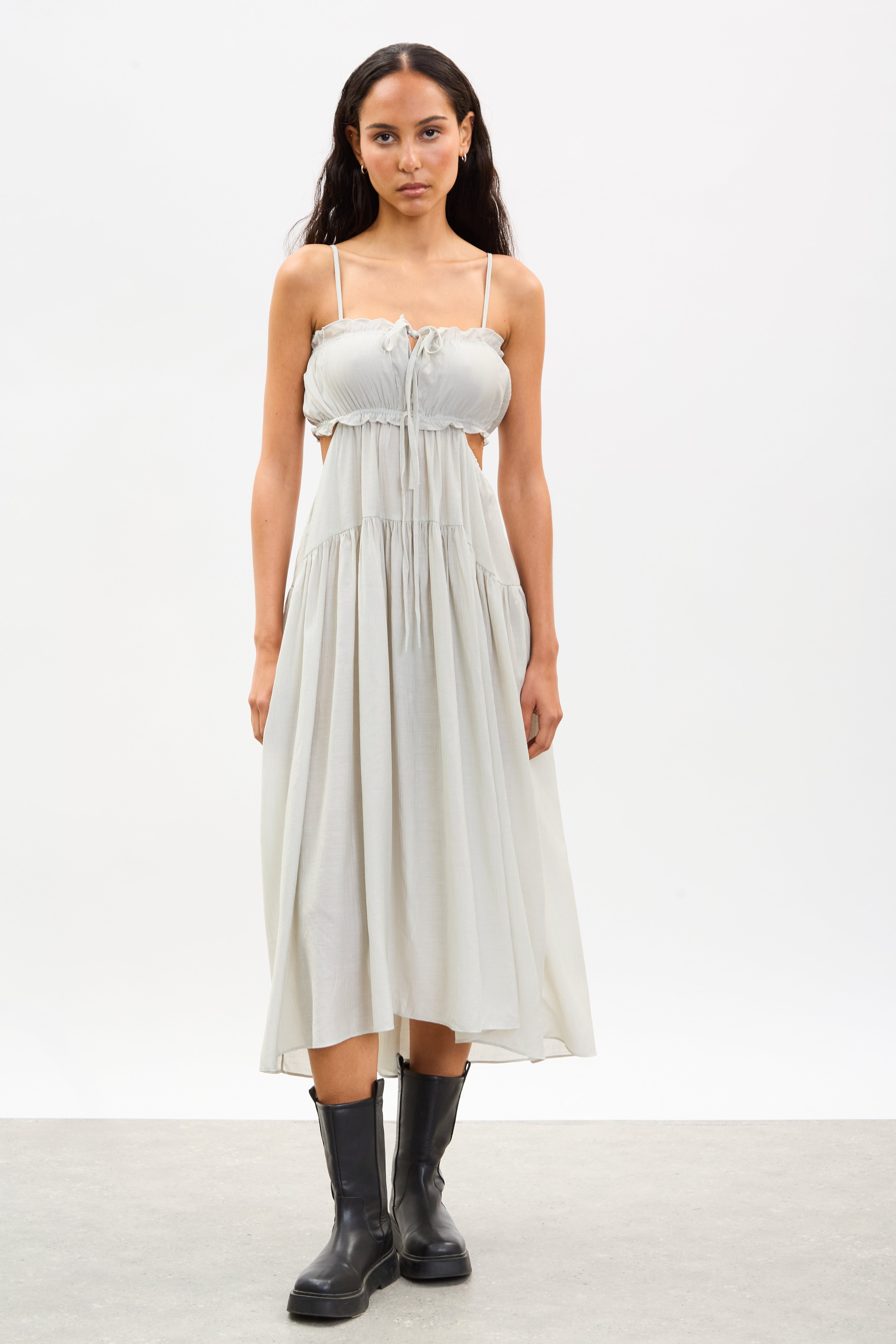 Light grey frill trim strappy peek back midi dress_1