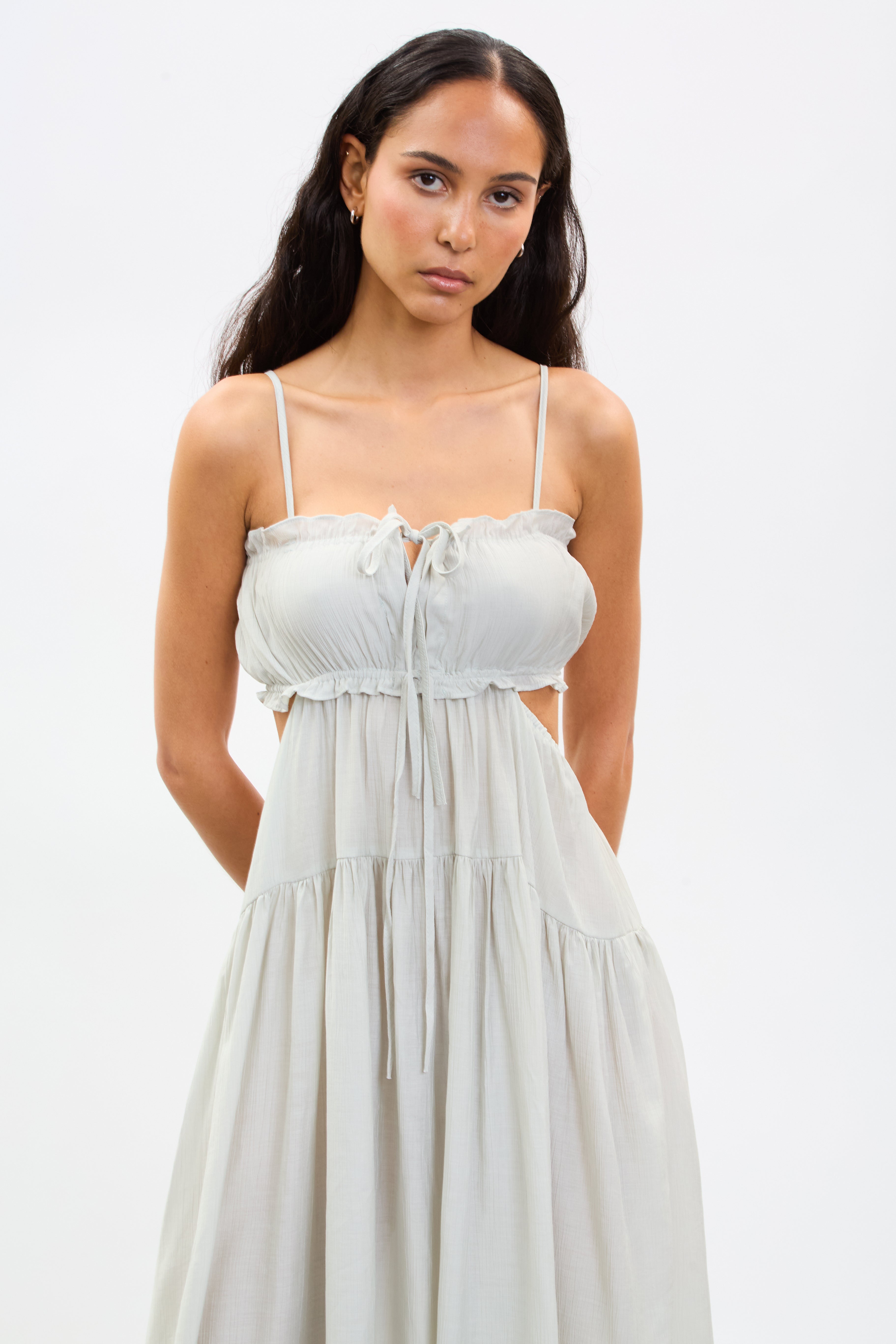Light grey frill trim strappy peek back midi dress_3