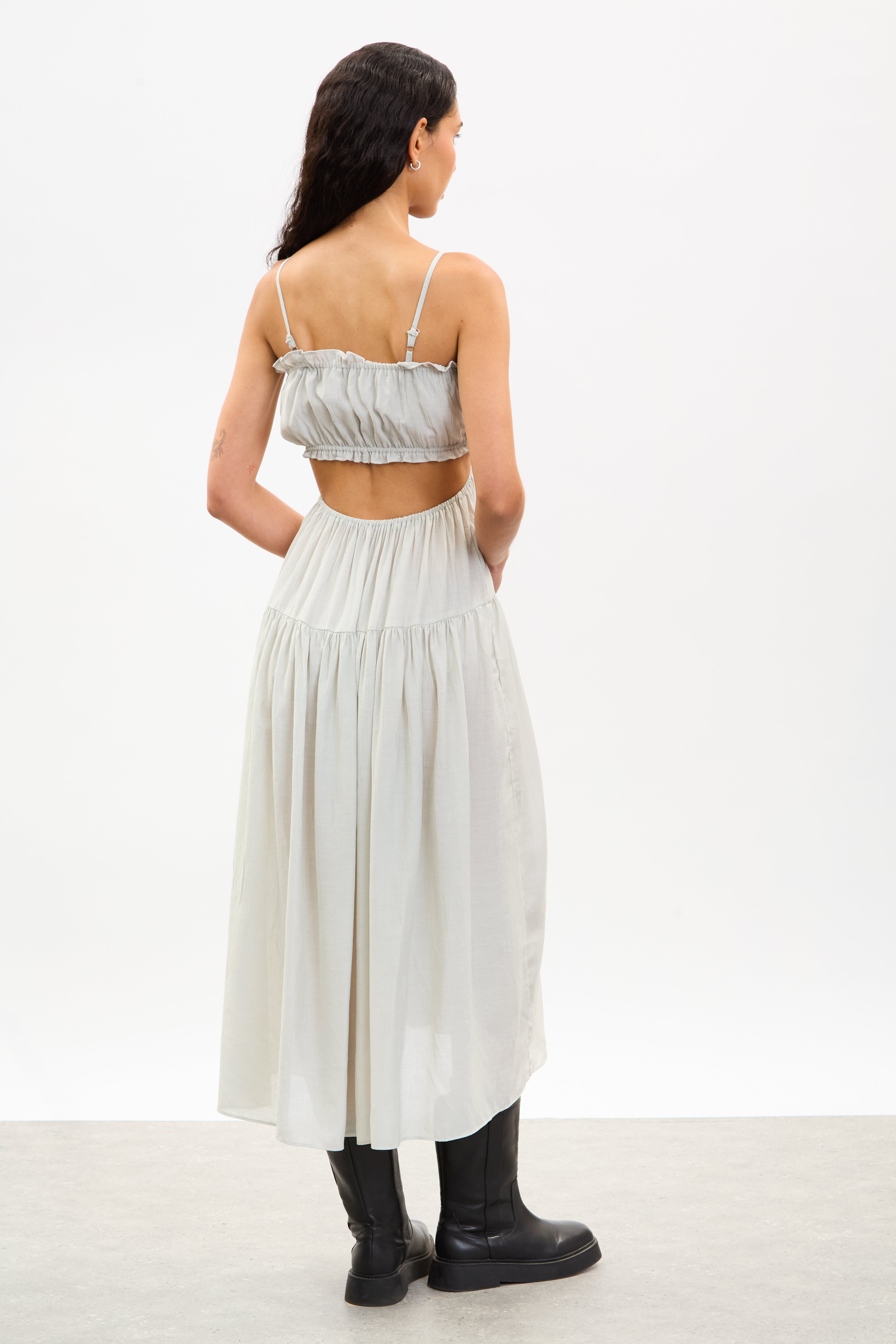 Light grey frill trim strappy peek back midi dress_2