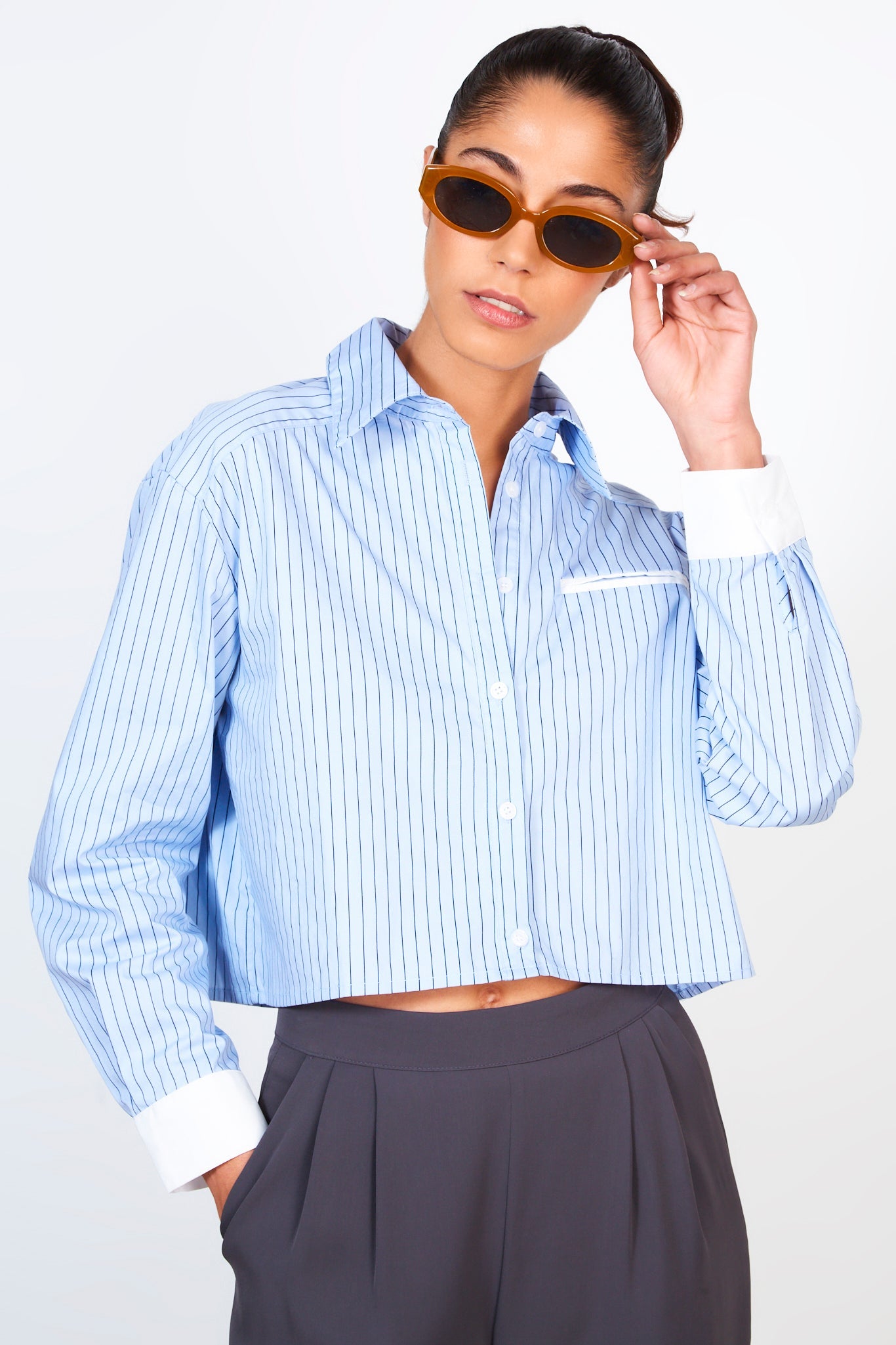 Light blue pinstriped smart cropped shirt_1