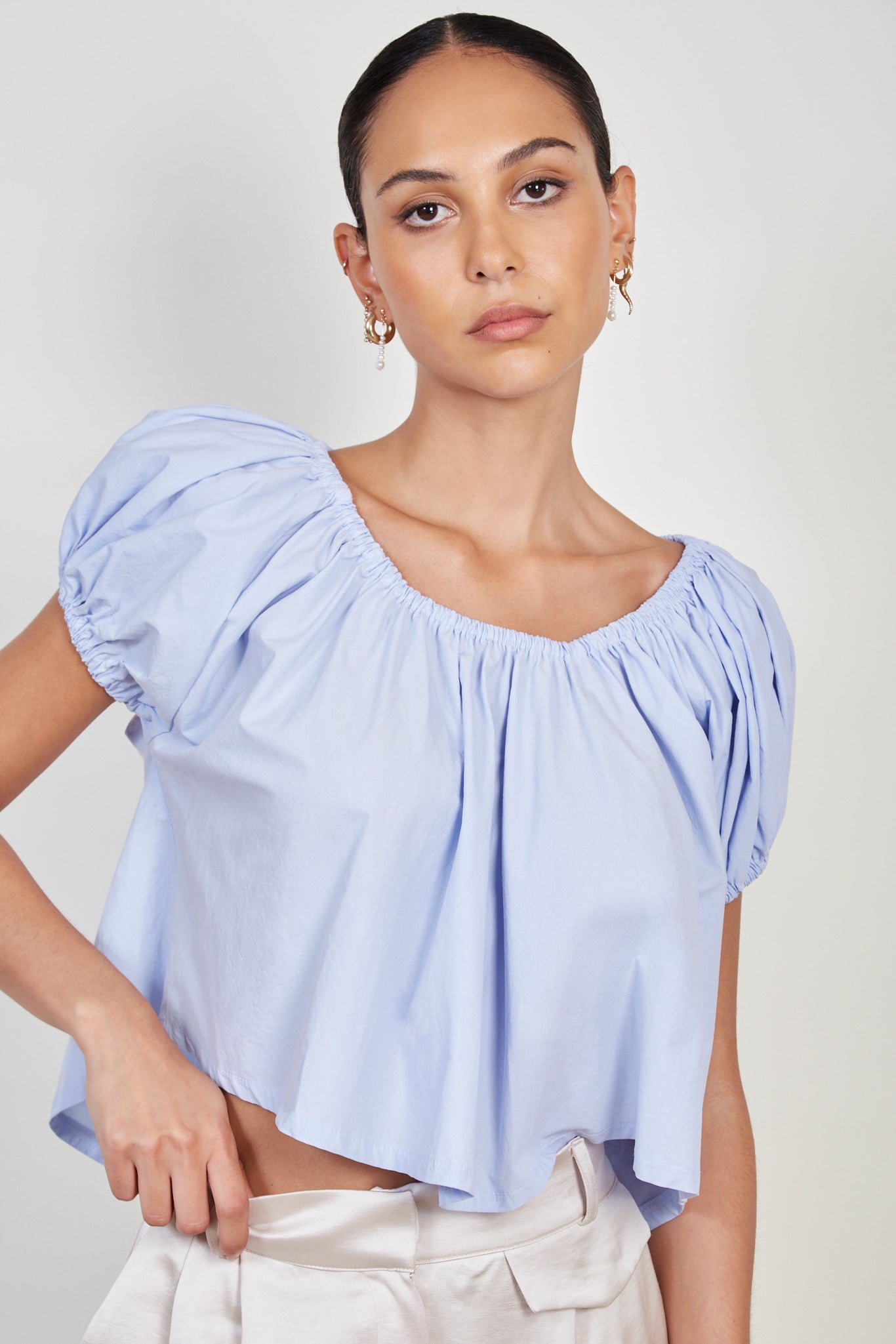 Light blue ruched trim off shoulder top_1