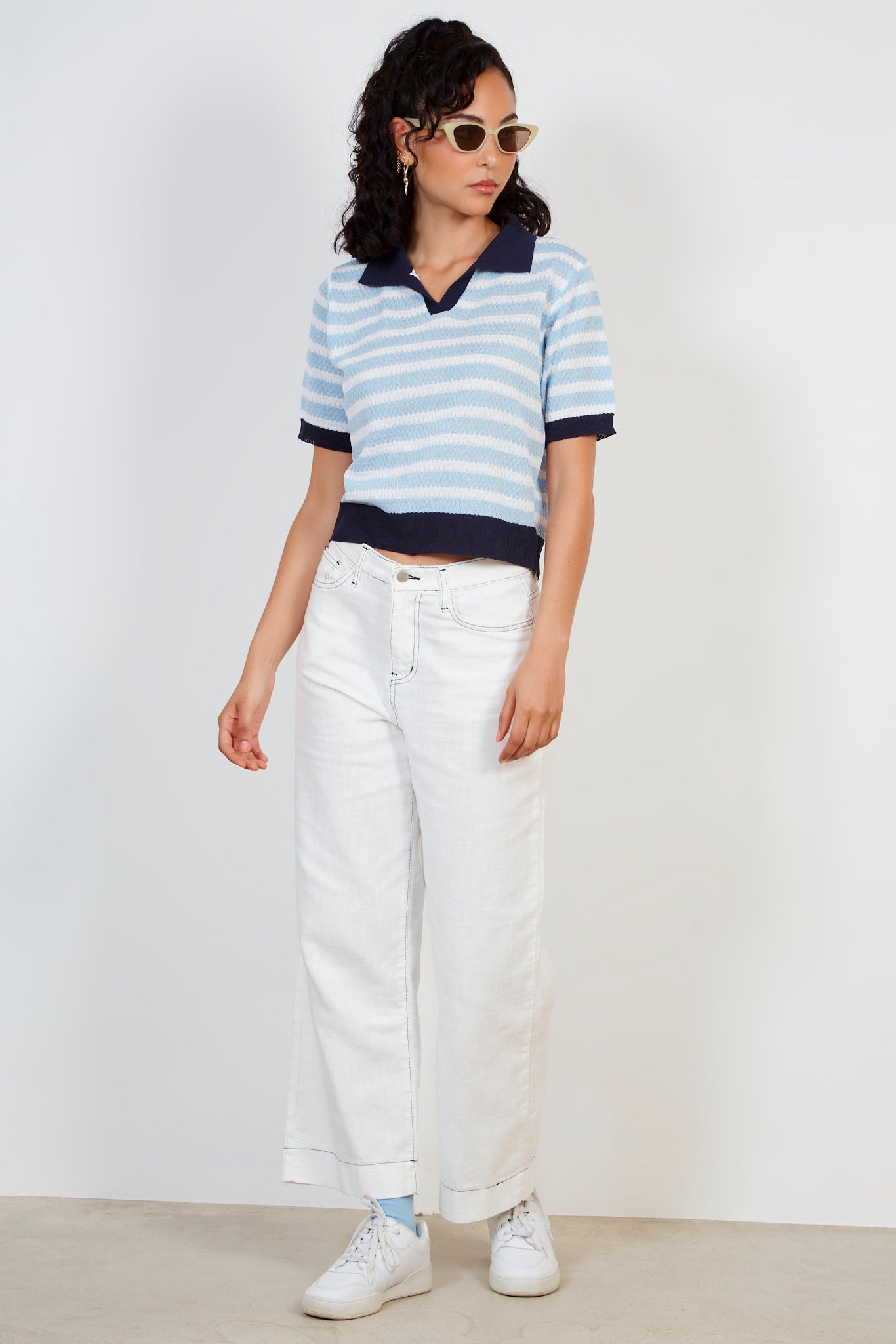 Light blue striped navy collar knit tee_3