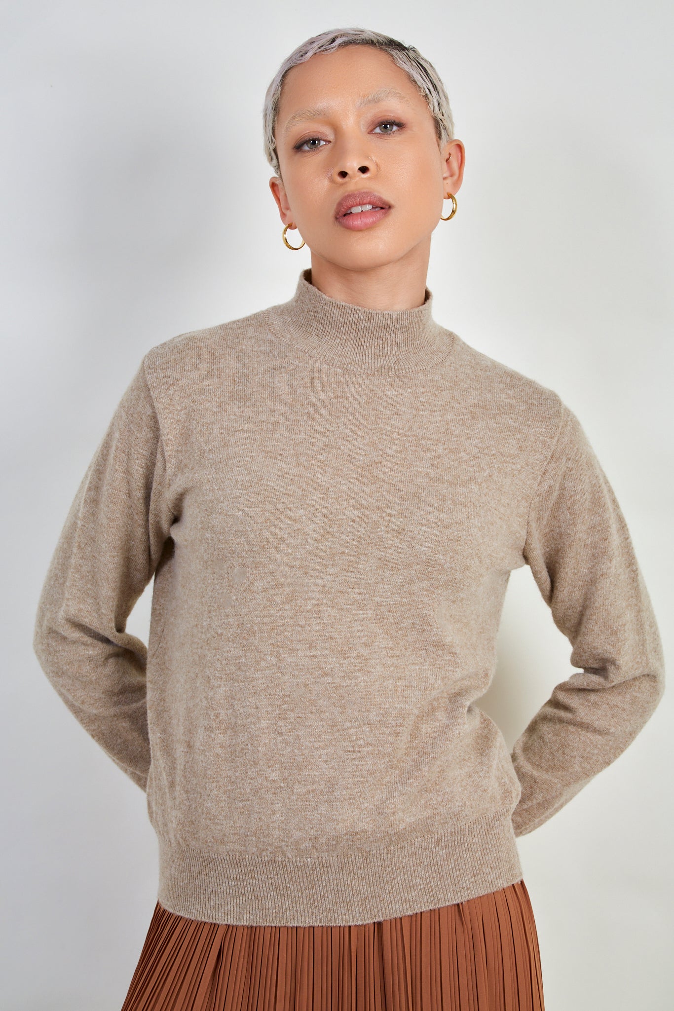 Light brown alpaca blend mock neck knit top_1