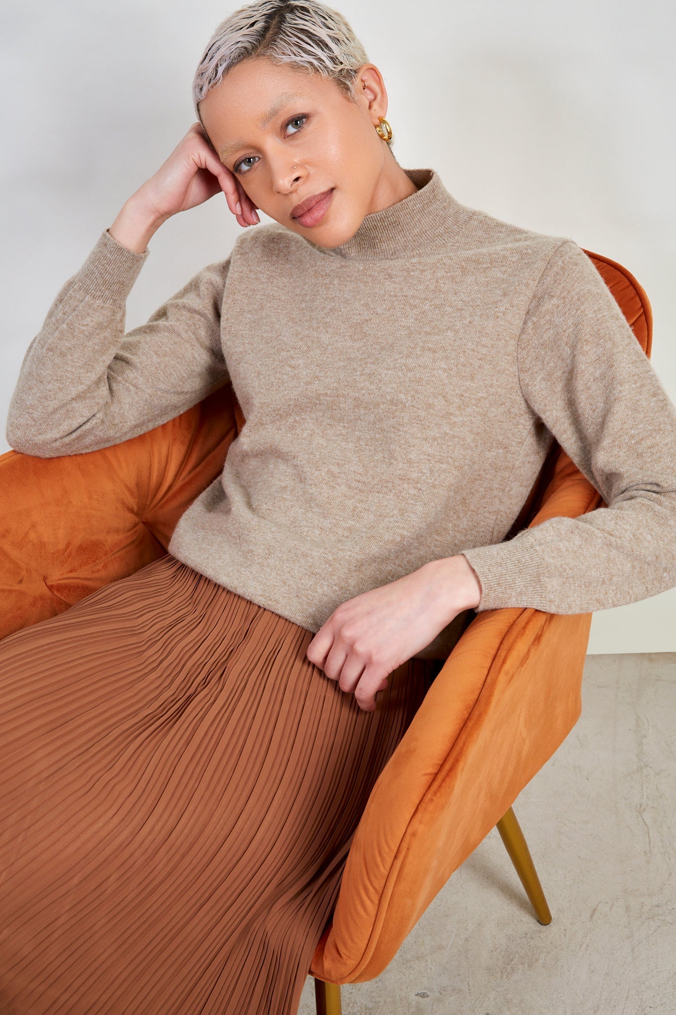 Light brown alpaca blend mock neck knit top_5