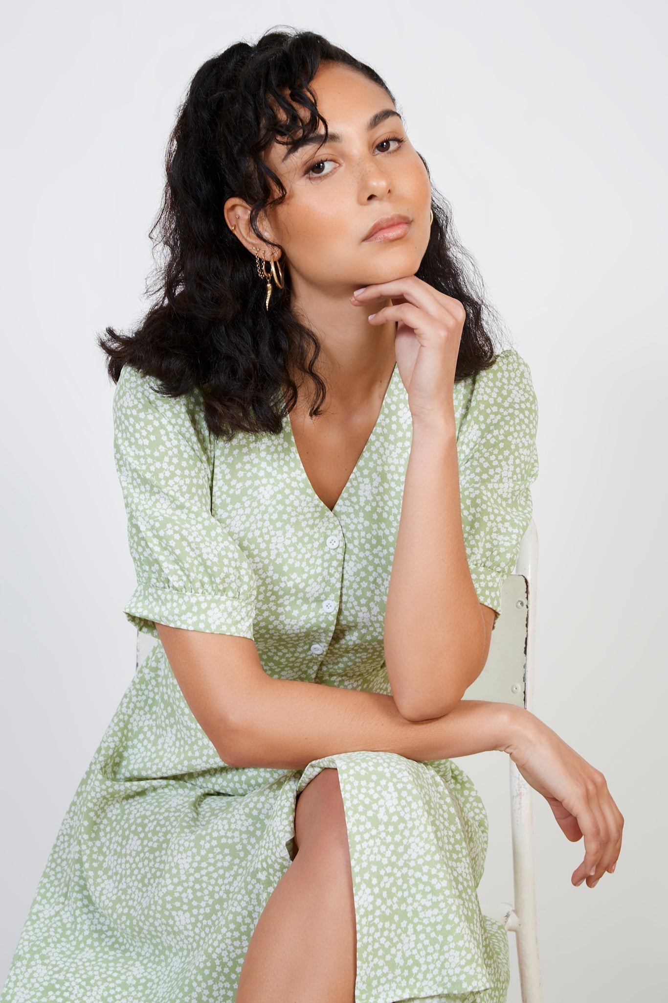 Light green floral print button front dress_6