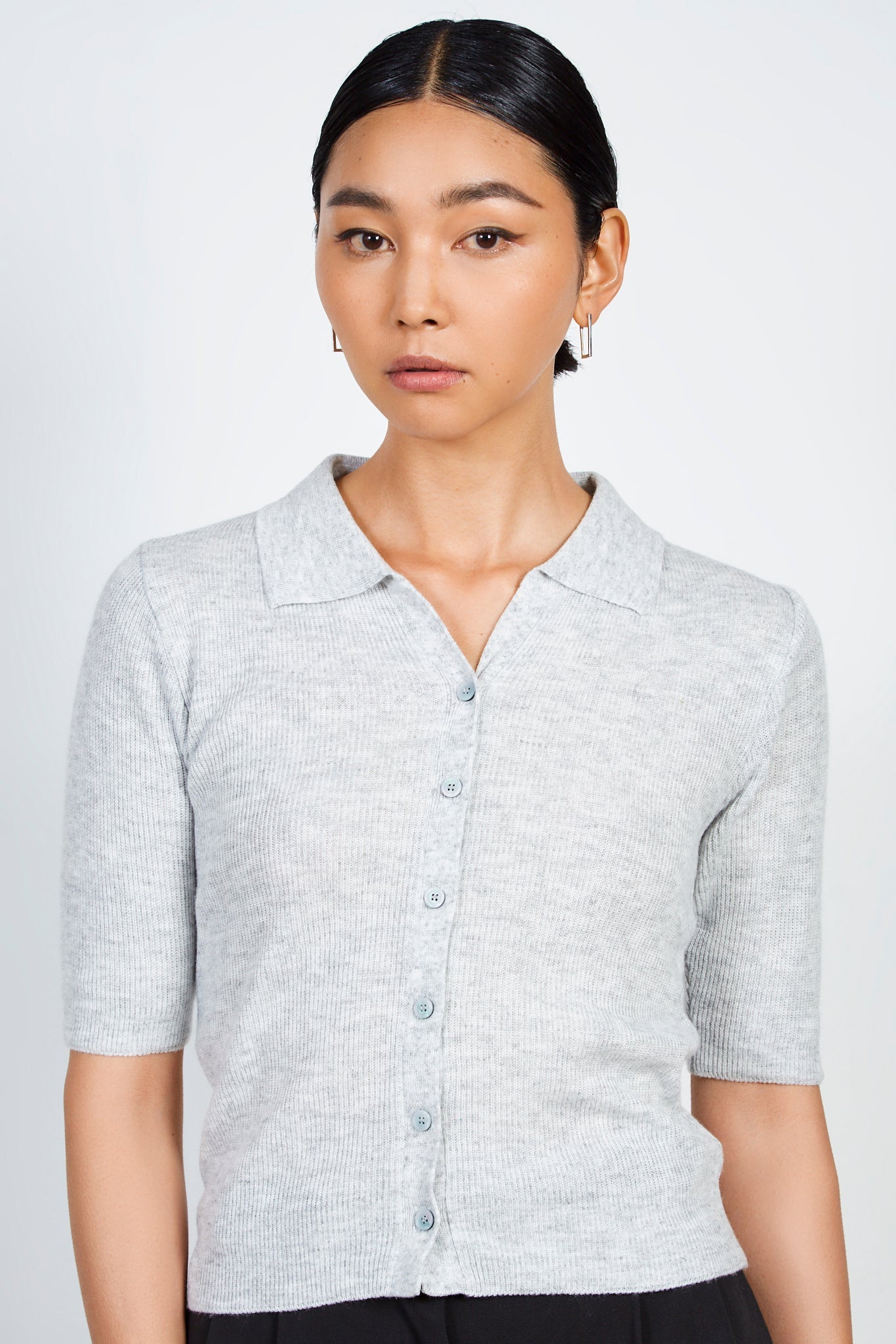 Light grey bamboo blend button front knit tee_1