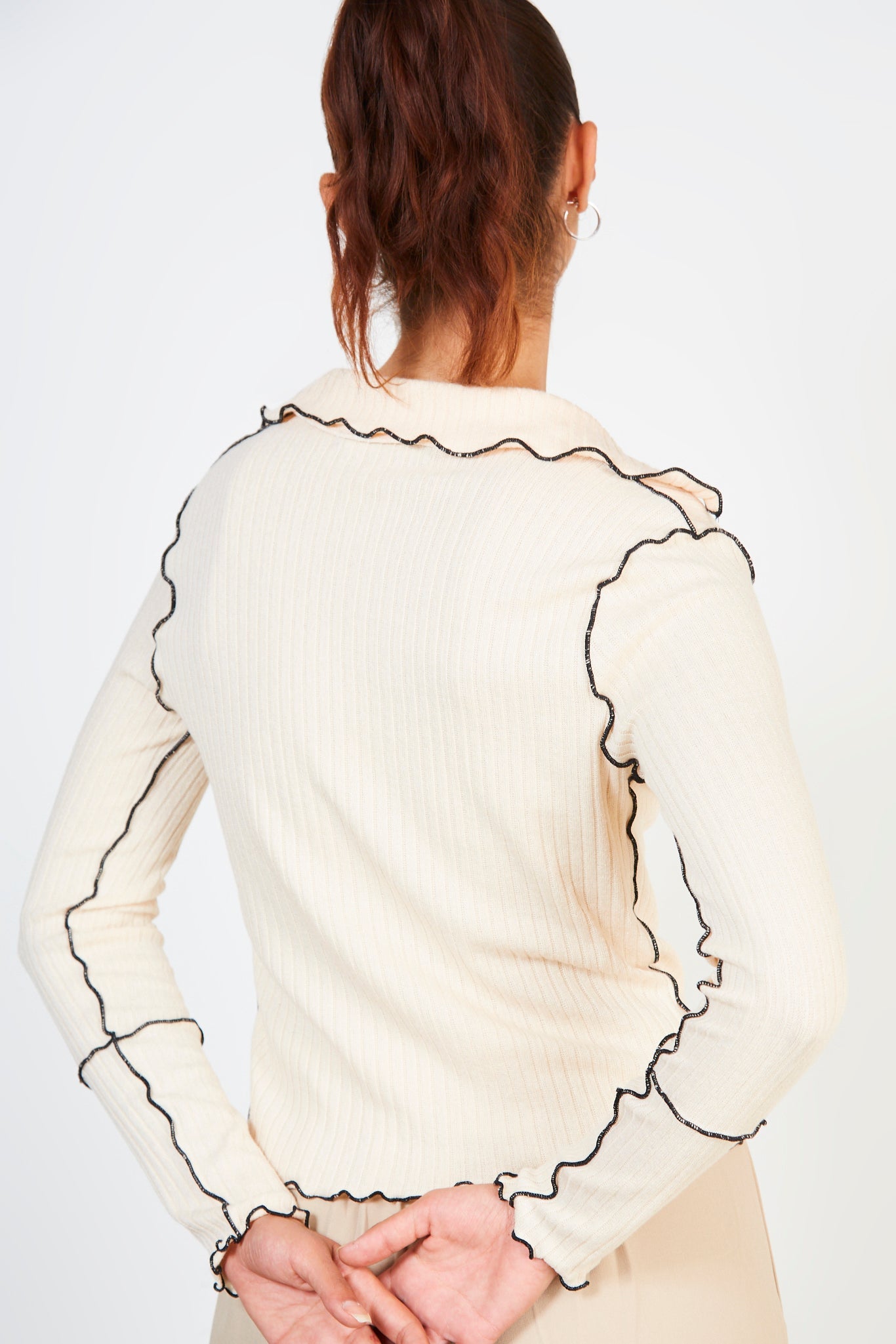 Light pink and black trim collar top_2