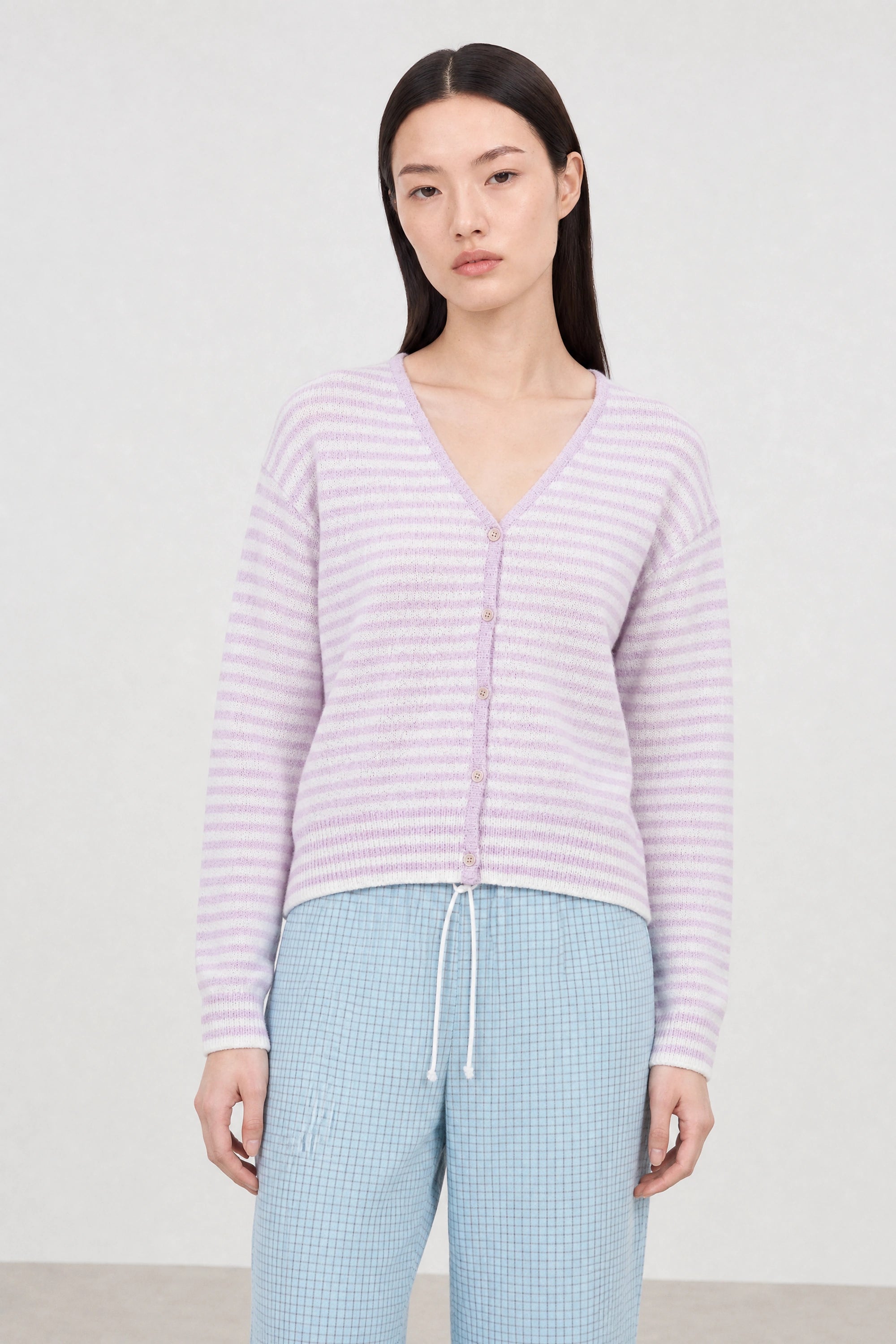 Lilac and white lilen blend thin striped contrast trim cardigan_1