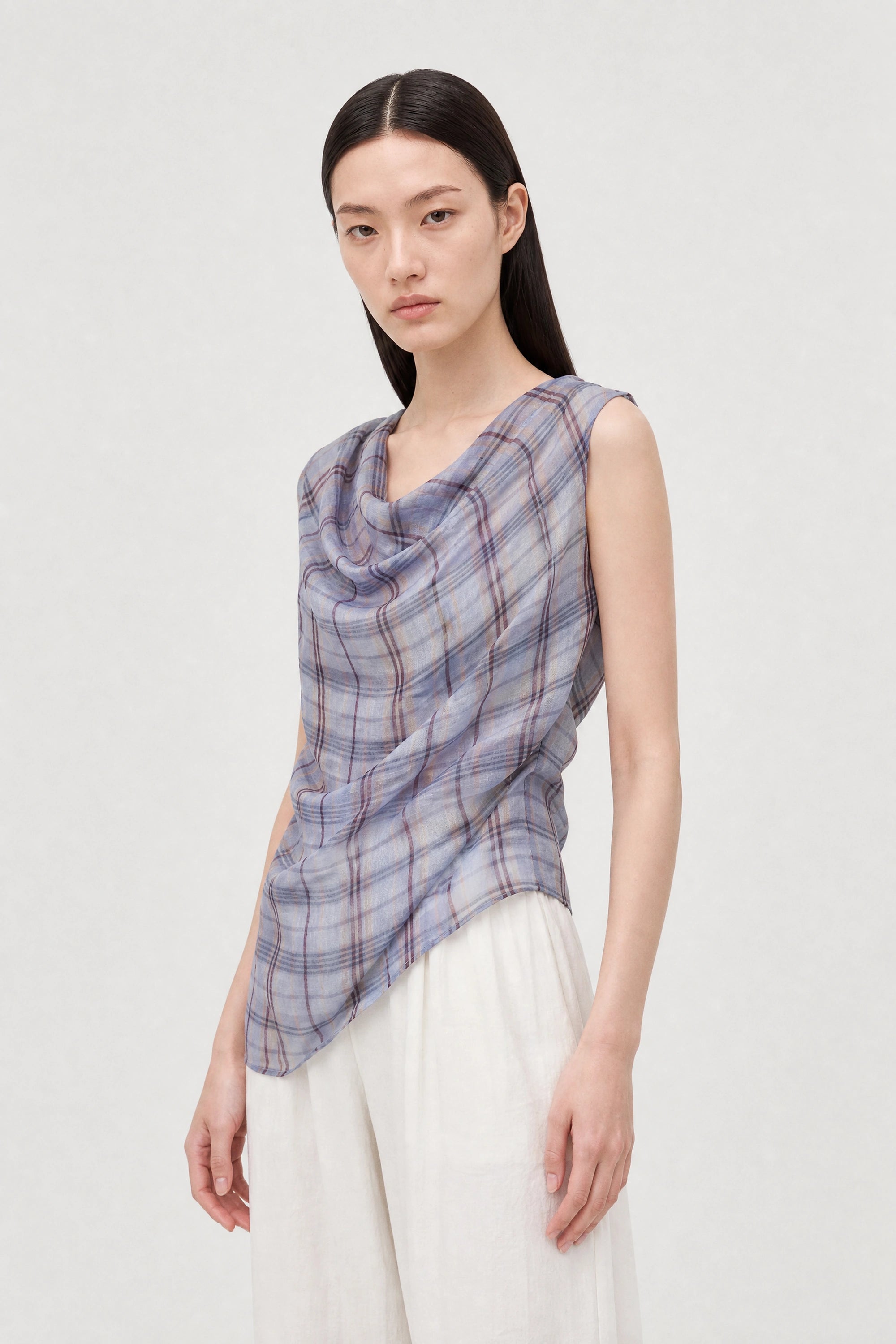Lilac and yellow plaid asymmetric draped sleeveless blouse_1