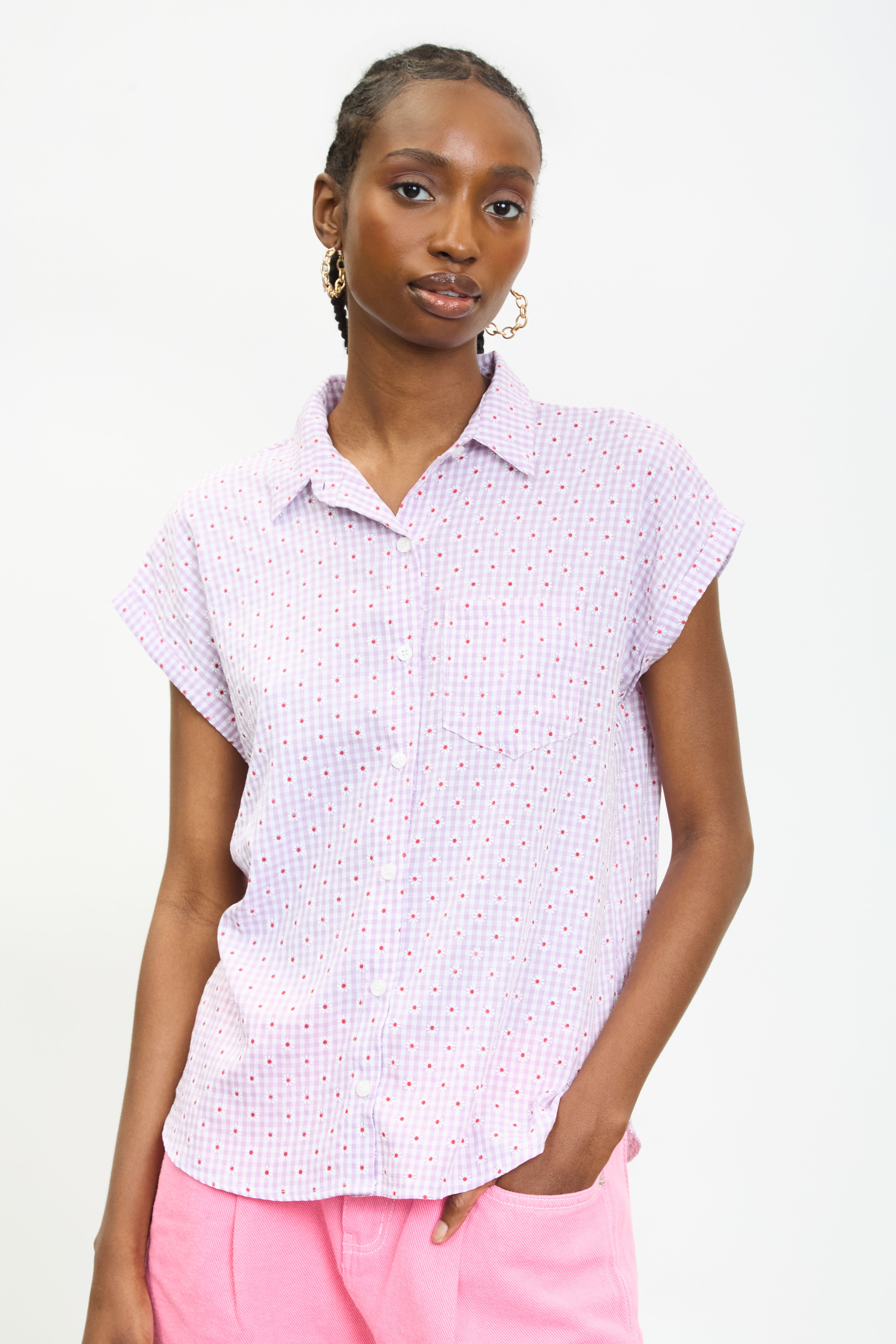 Lilac daisy gingham short sleeved shirt_1