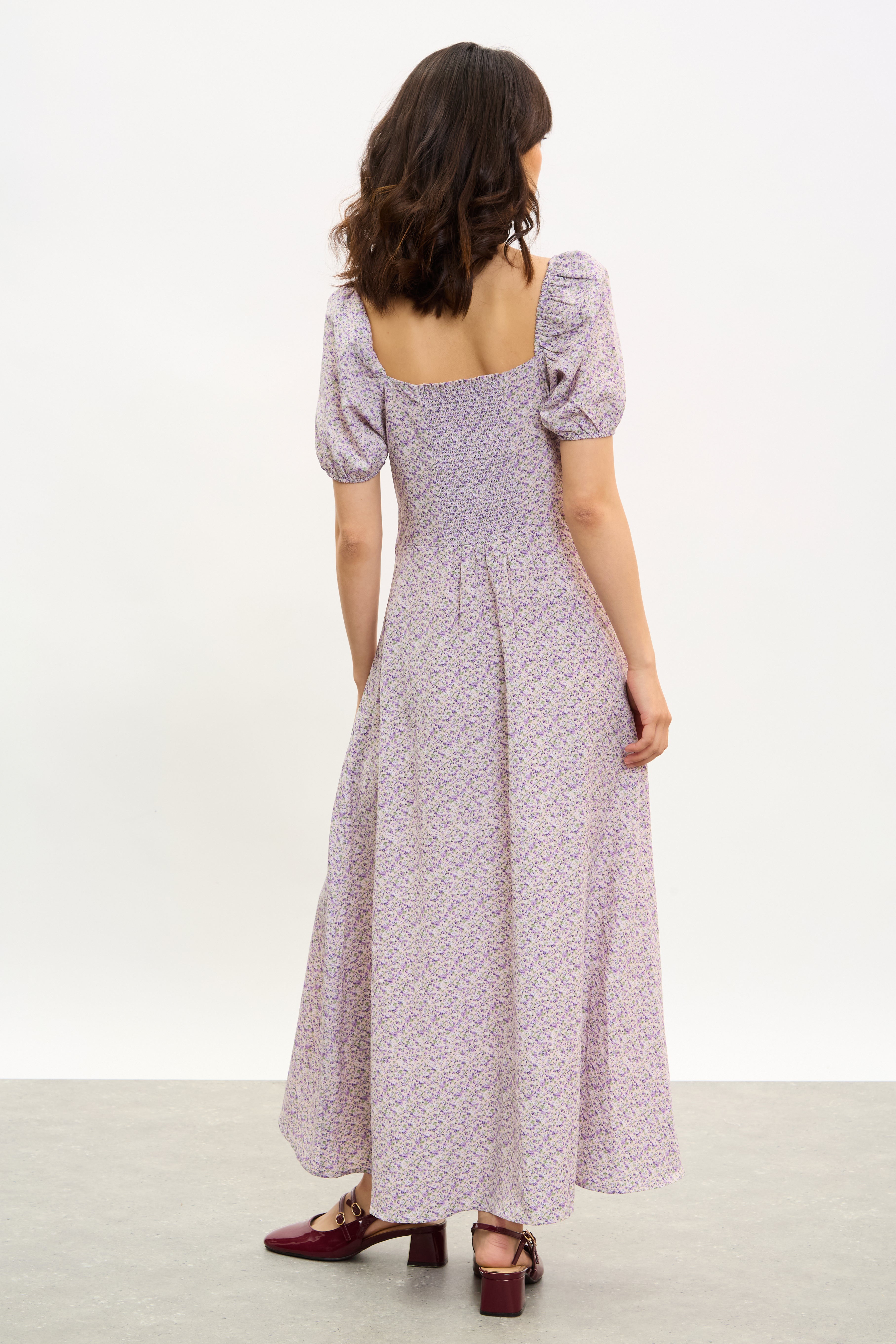 Lilac floral print puff sleeve midi dress_2