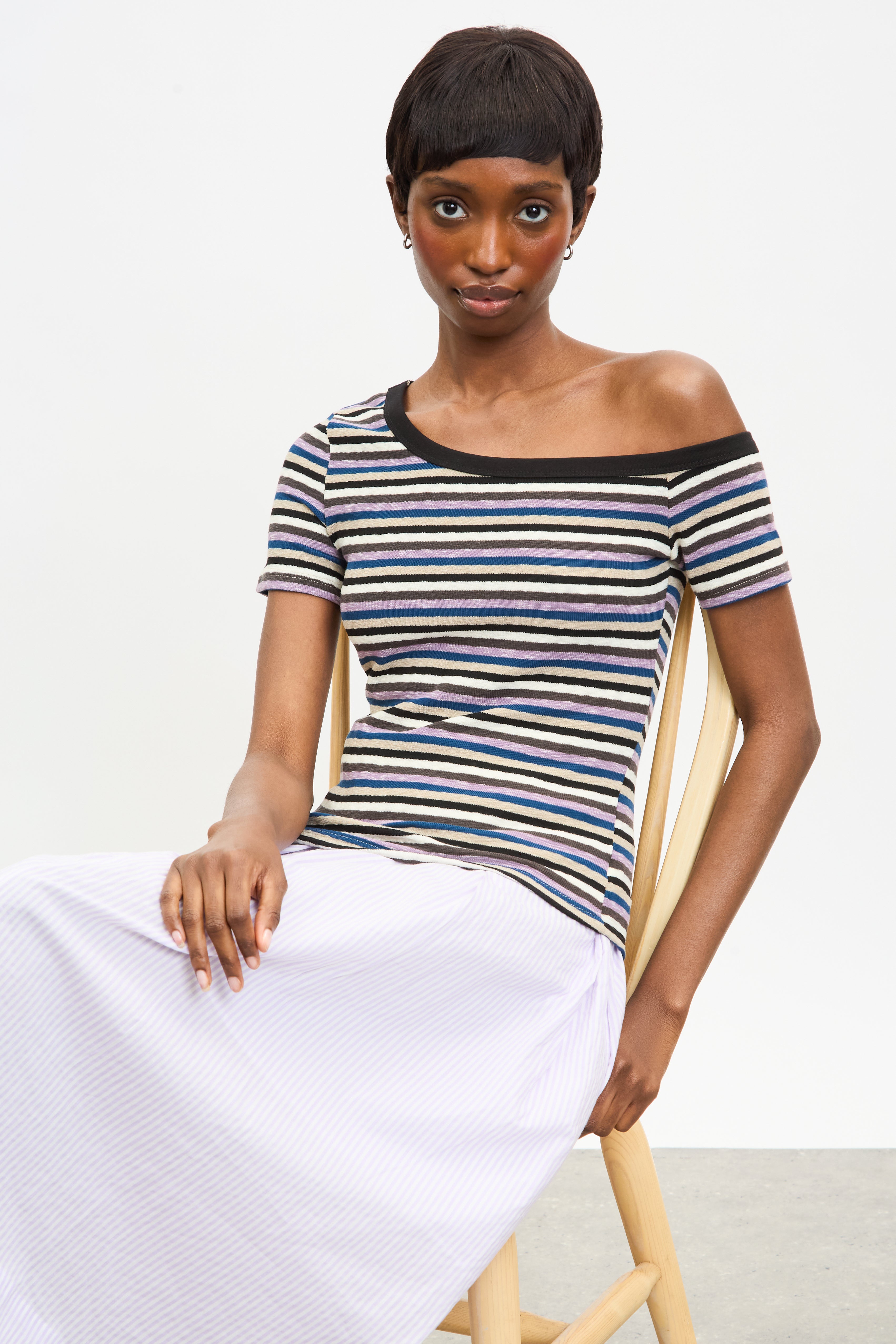 Lilac multi striped off shoulder tee_5