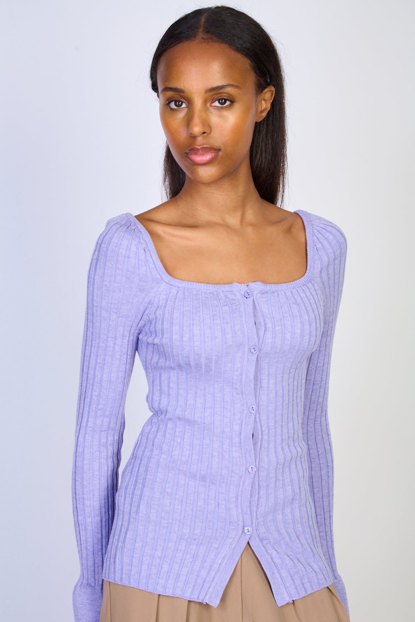 Lilac ribbed square neckline giant cuff cardigan_1