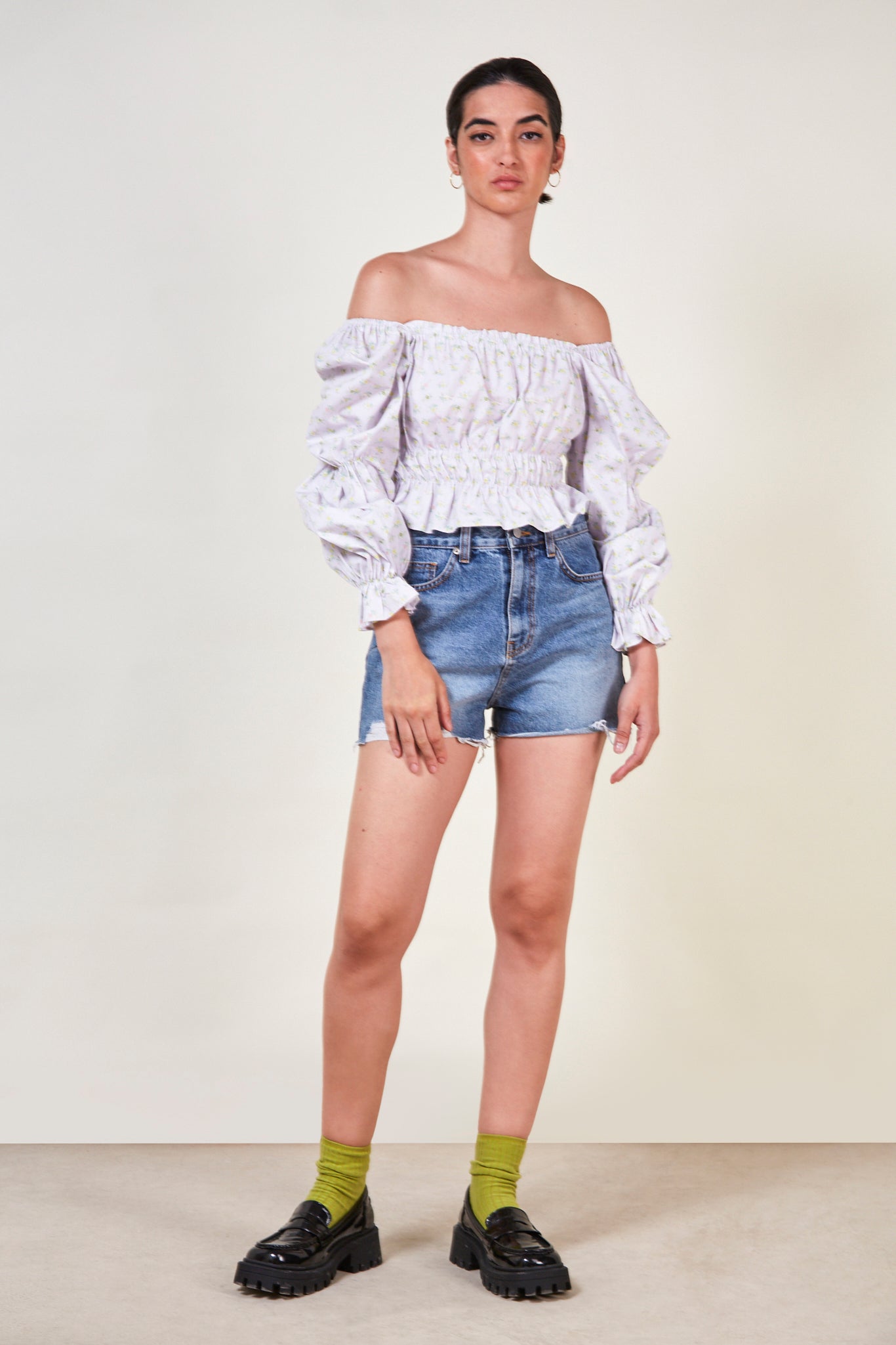 Lilac floral ruched off shoulder top_4