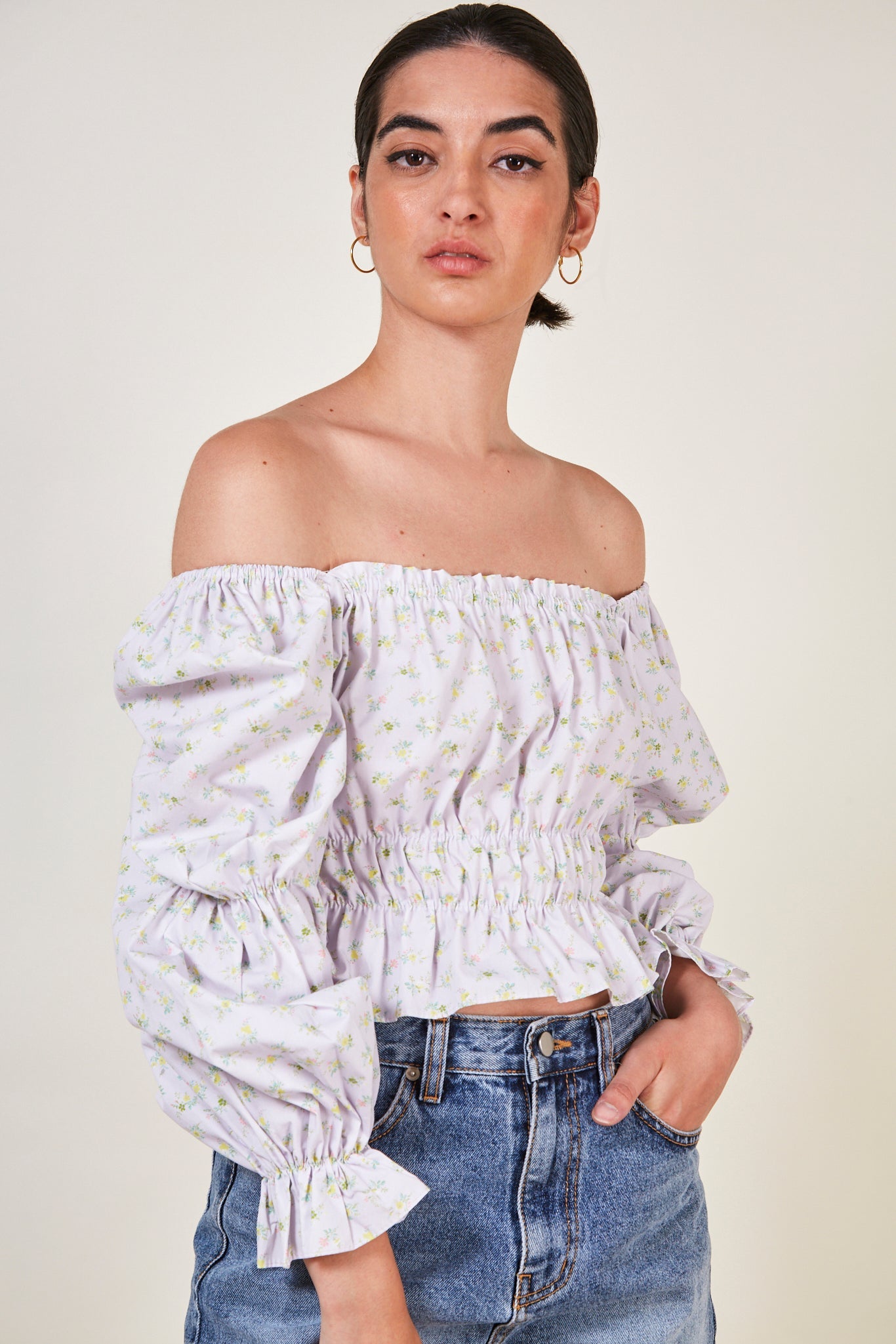 Lilac floral ruched off shoulder top_2