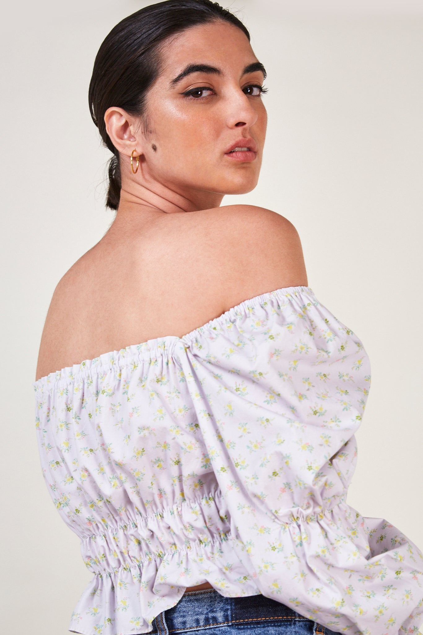 Lilac floral ruched off shoulder top_3