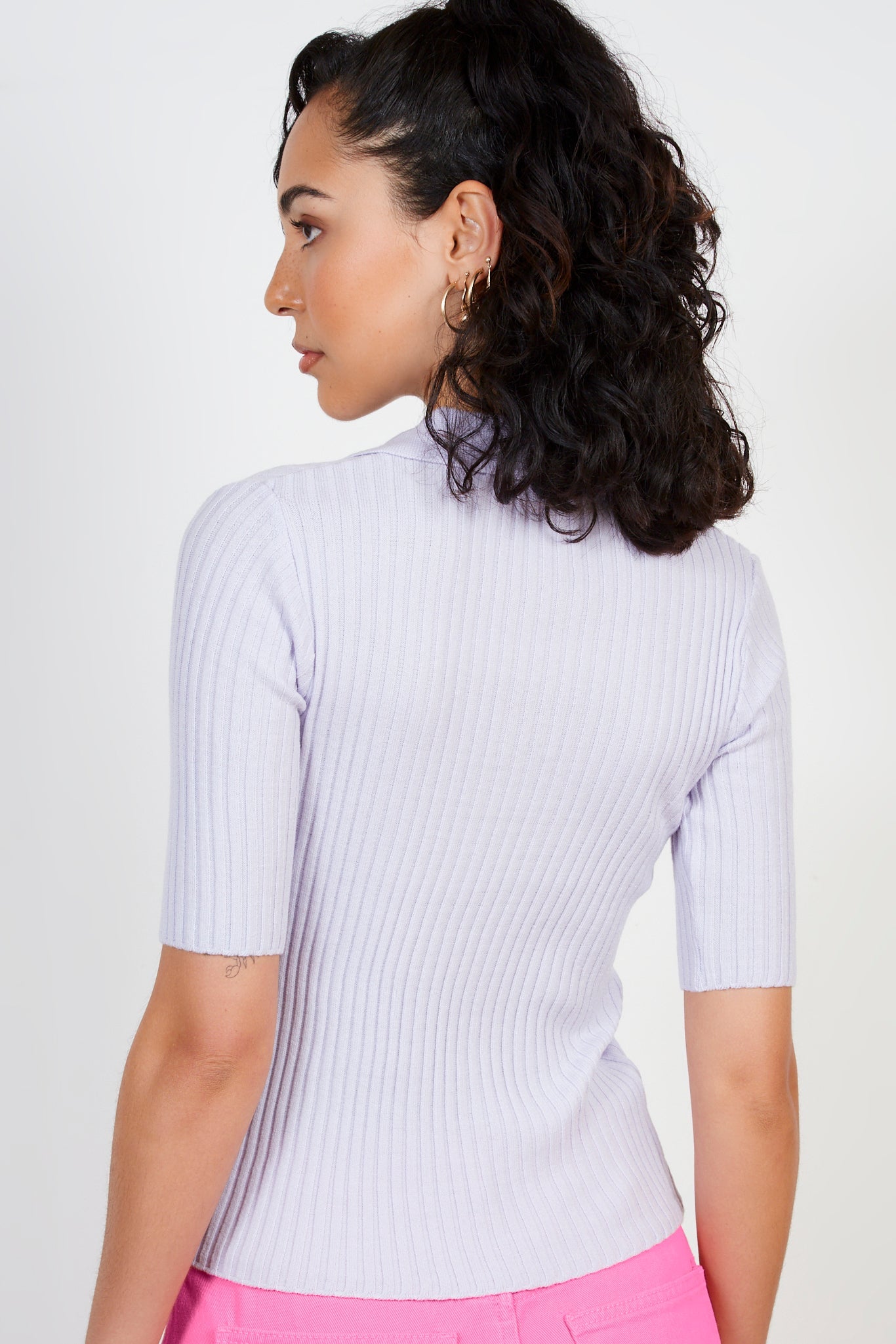 Lilac ribbed button collar polo knit top_2