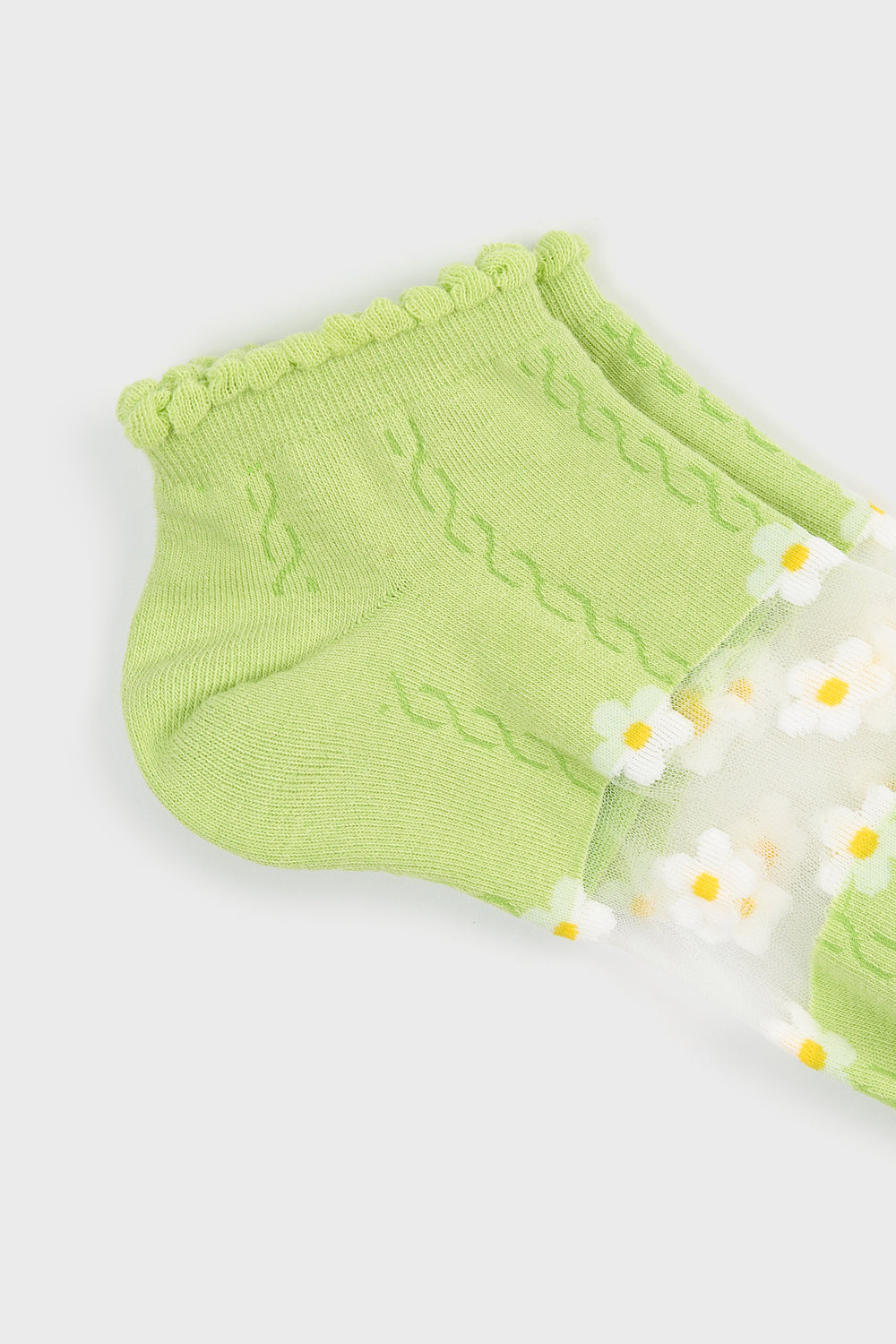 Lime green and white sheer daisy strip ankle socks_4