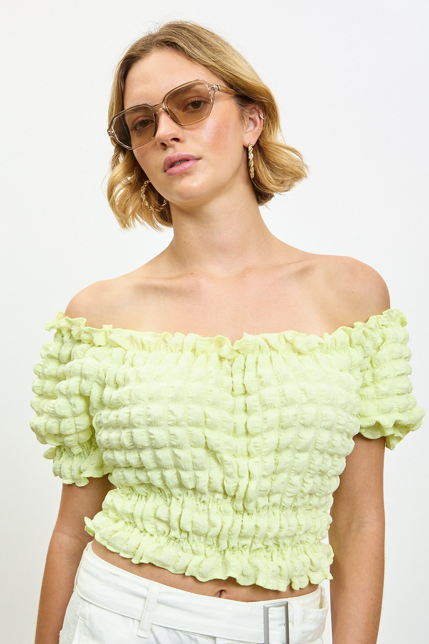 Lime textured puff off shoulder top_1