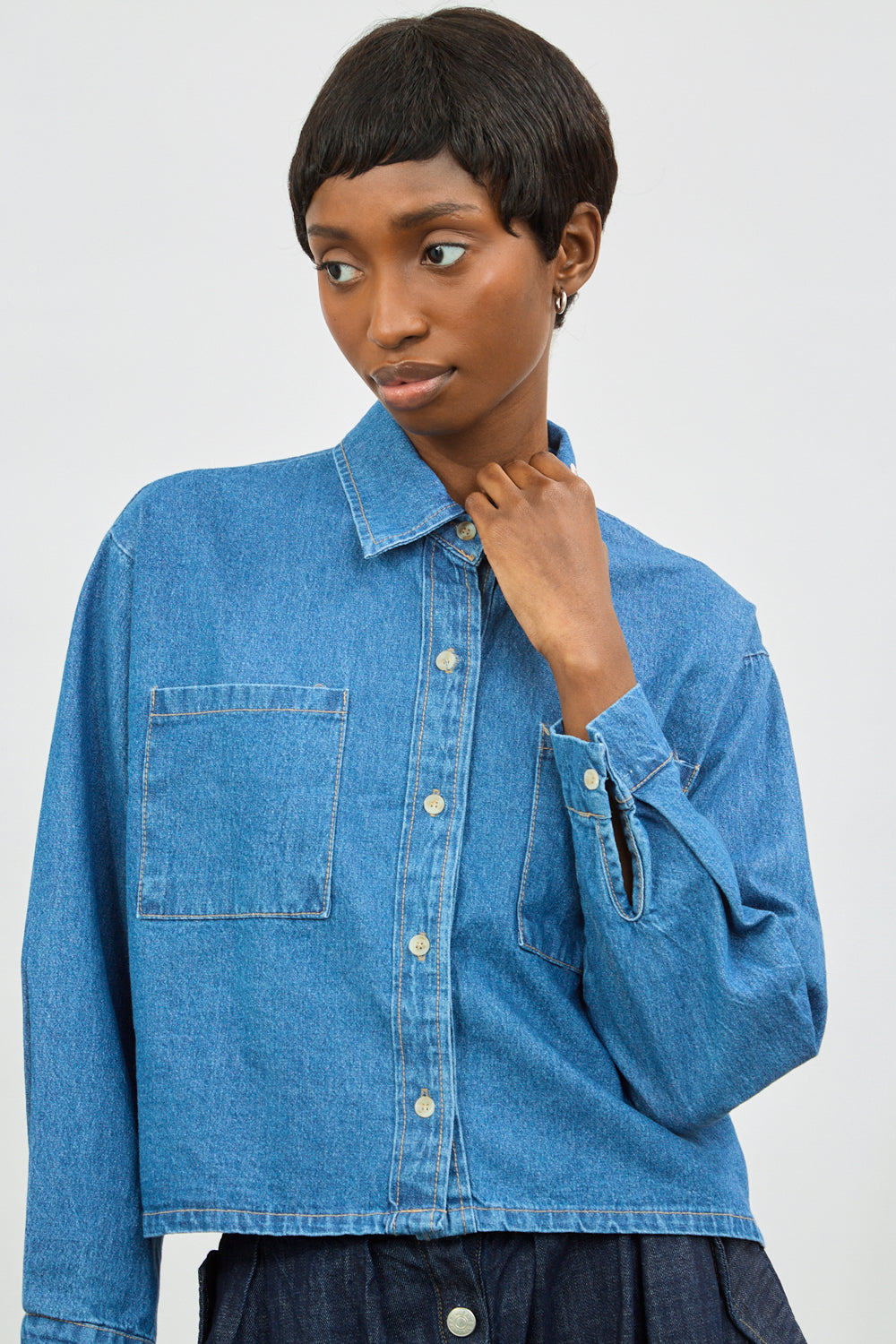 Mid blue denim short pocket front shirt_1