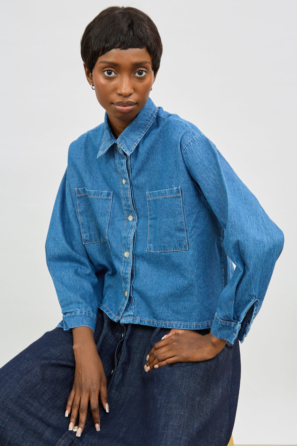 Mid blue denim short pocket front shirt_4