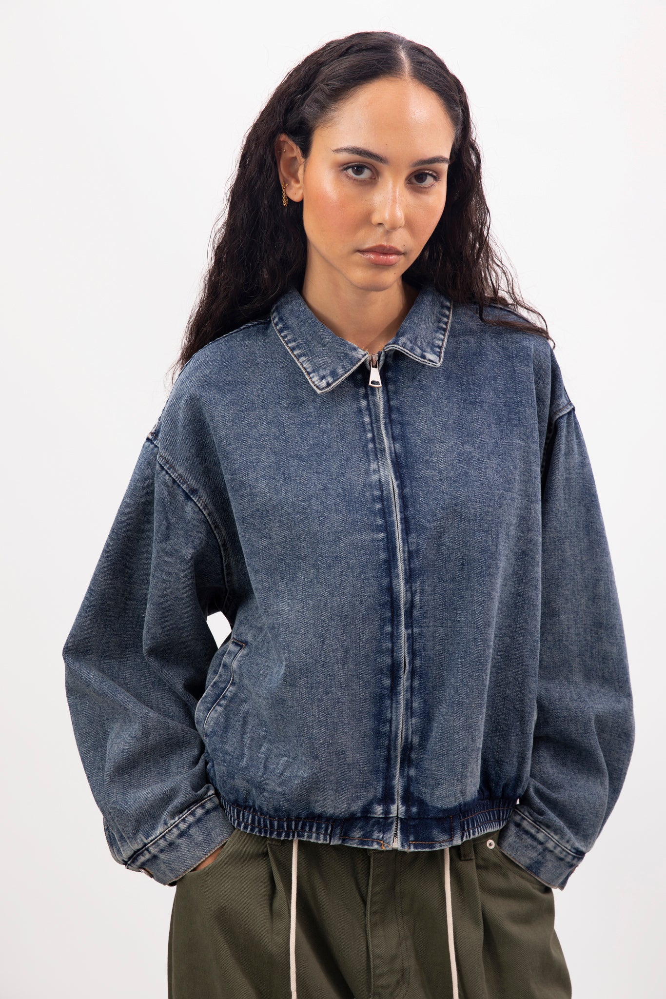 Mid blue denim zip up bomber jacket | Glassworks London