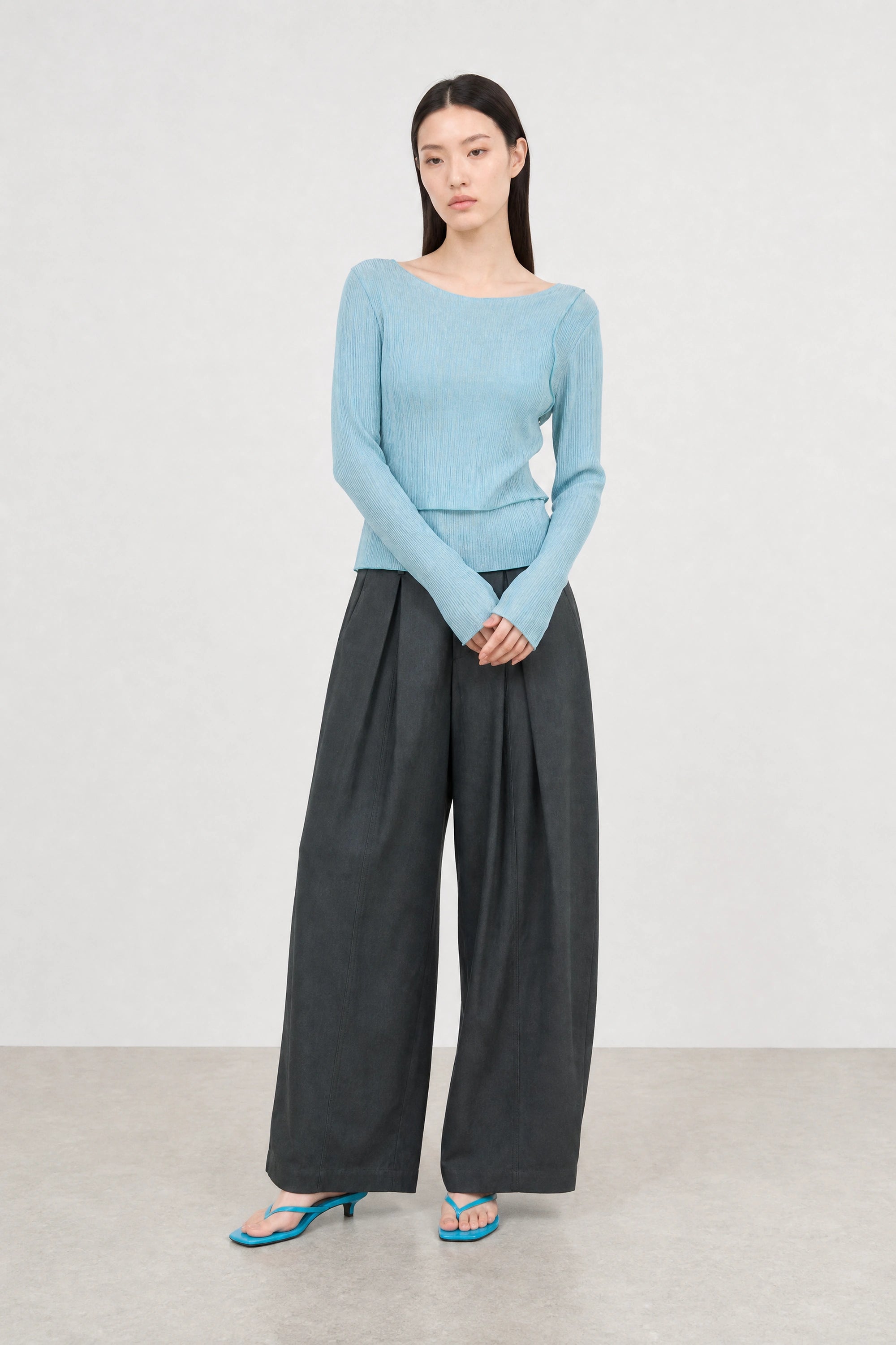 Mid blue ribbed double layer top_3