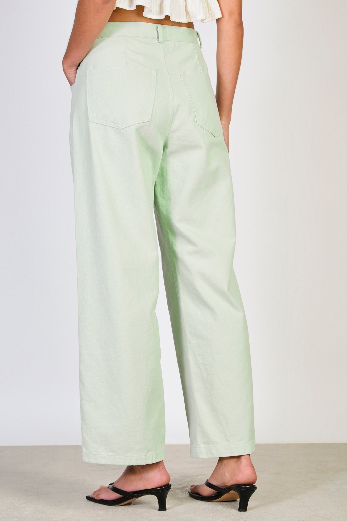 Mint green adjustable waist double button jeans_2