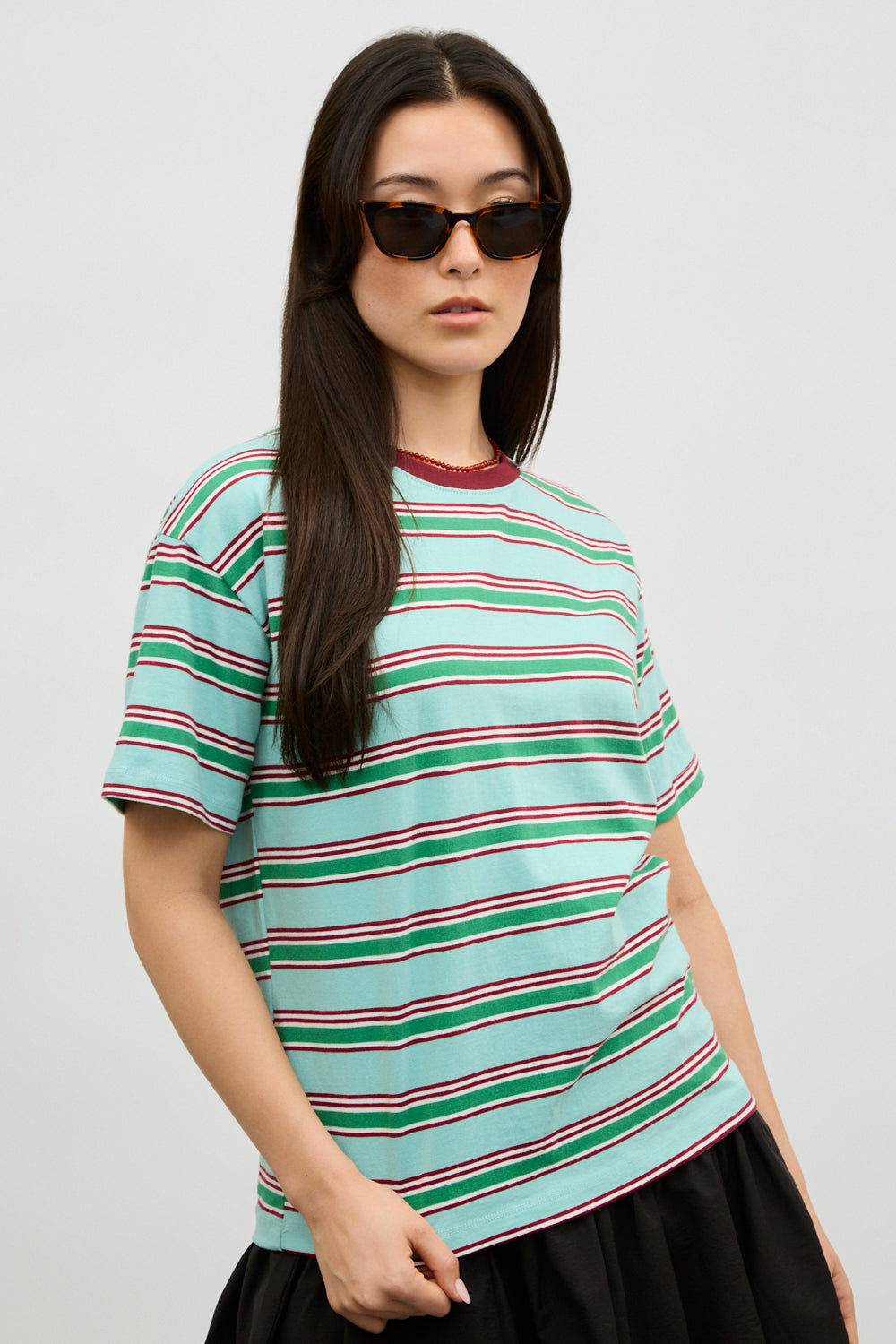 Mint green and red multi striped tee_1