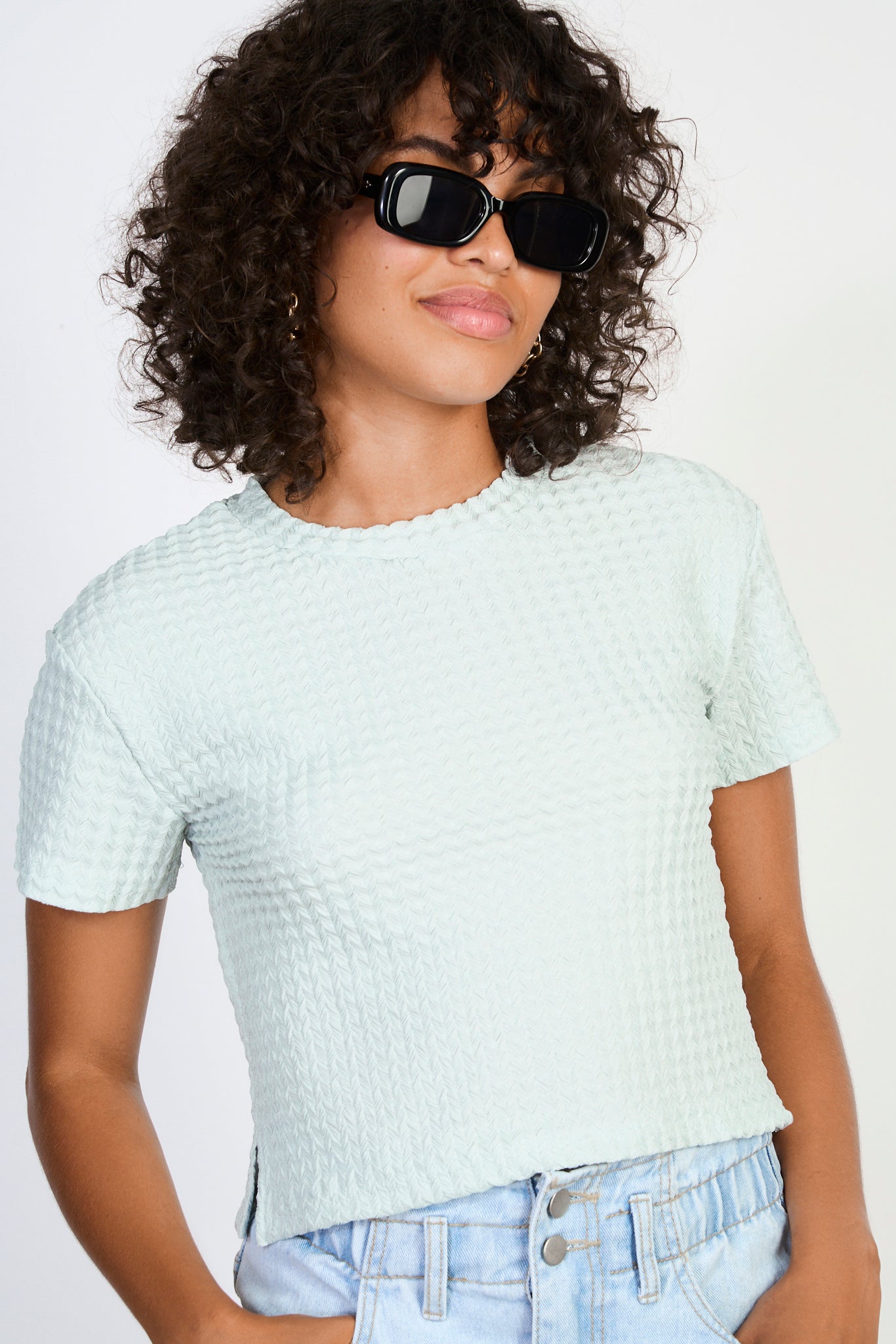 Mint green herringbone textures short sleeved top_1