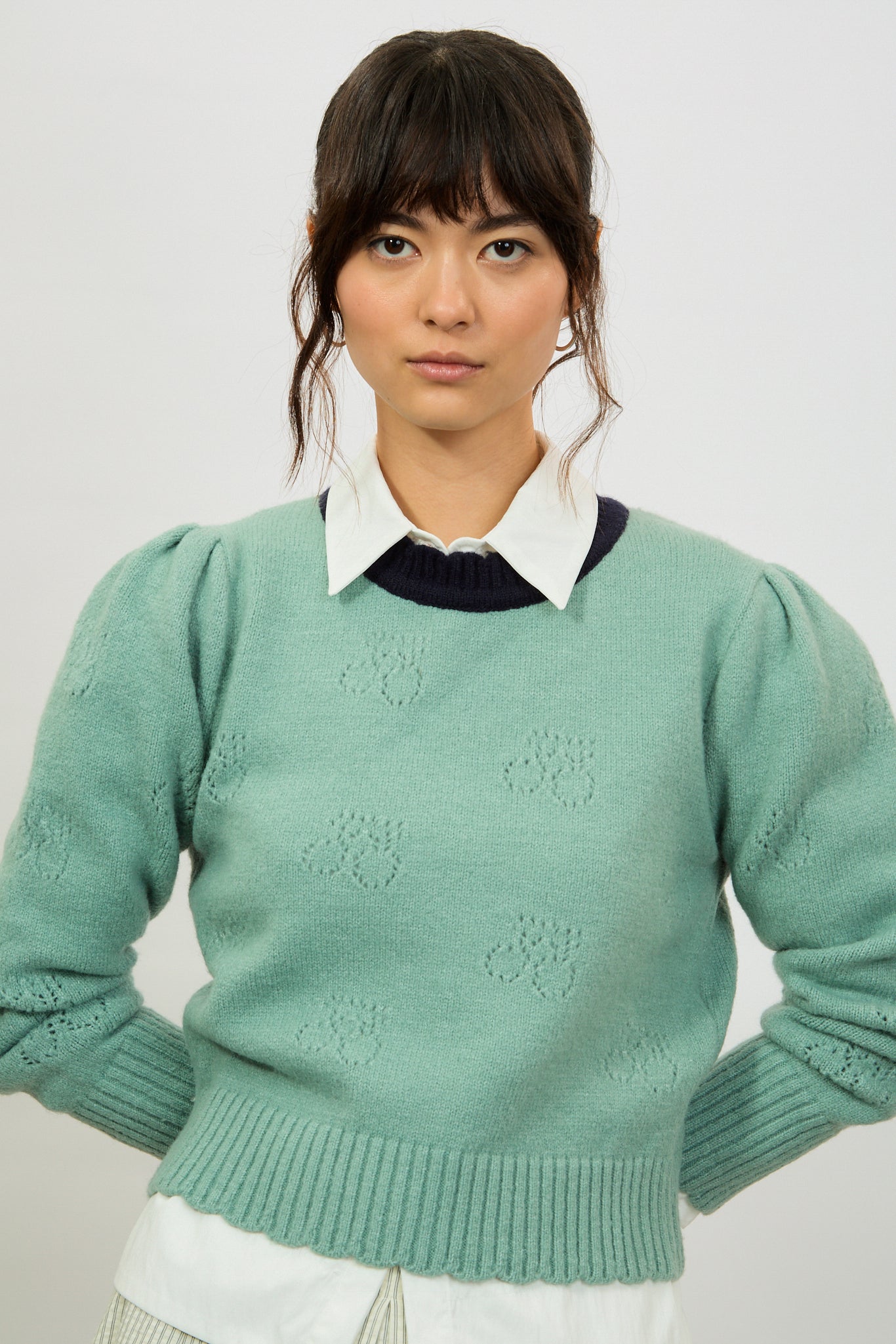 Mint green intarsia floral navy scalloped trim jumper_1