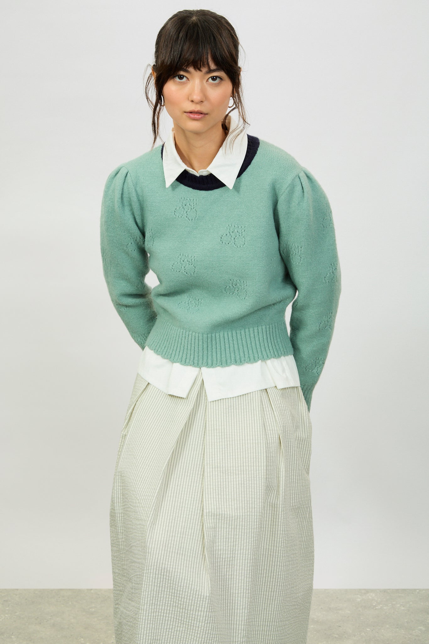 Mint green intarsia floral navy scalloped trim jumper_5