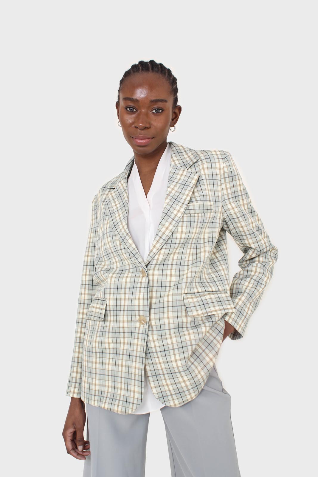 Mint green and beige check oversized blazer_1