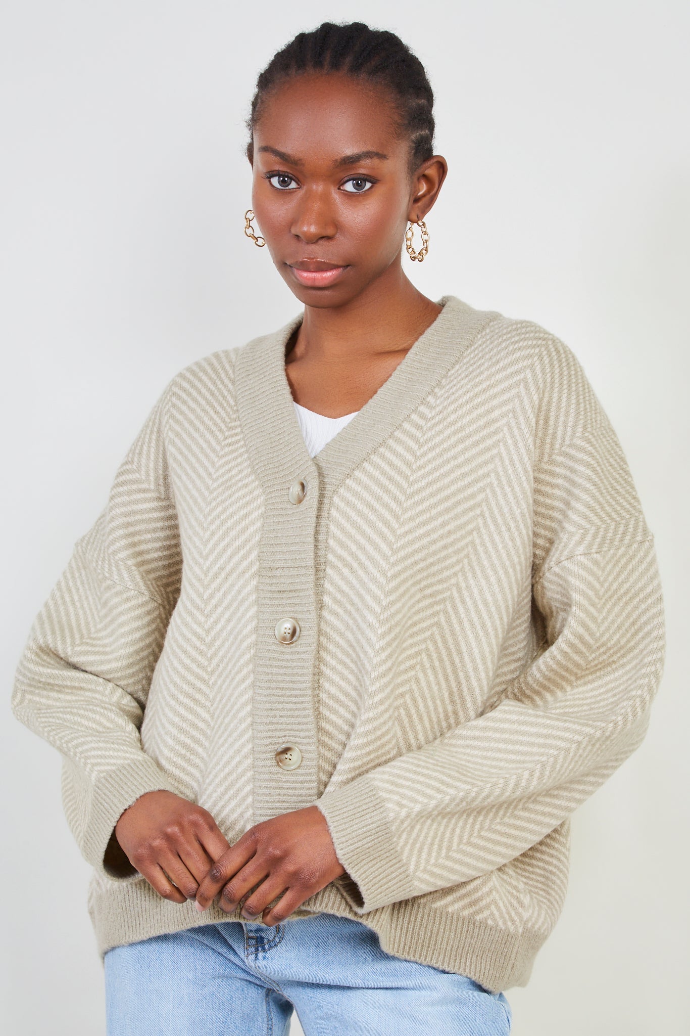 Pale khaki and ivory herringbone cardigan_1
